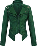 Women's PU Leather Jacket Rivet Decor Lapel Short Biker Coat Washed Casual Spring Autumn Fashion Outerwear