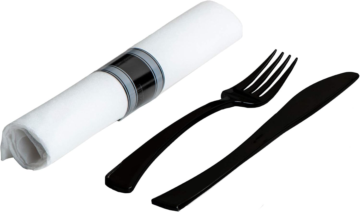 200 Elegant Pre Wrap Disposable Plastic Black Silverware Sets Fork Knife White Linen-Quality Paper Napkin Roll Cutlery Sets Great Pre Rolled Cutlery Black Flatware in Linen-Feel White Napkins