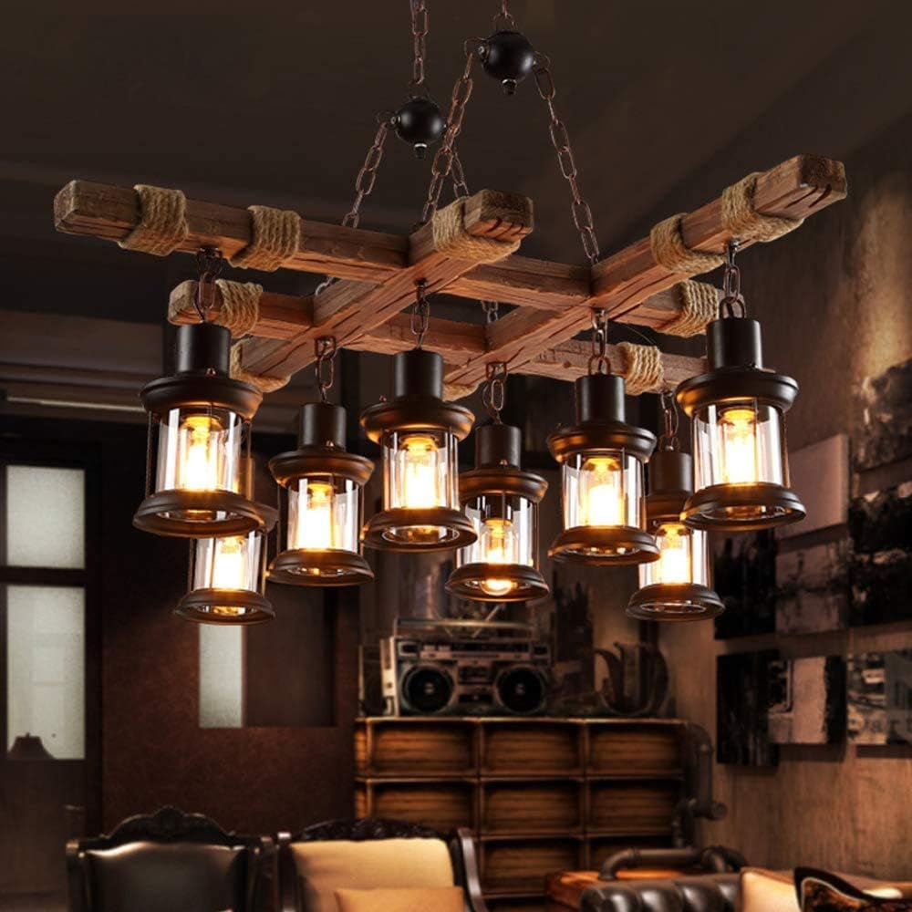GHY 8 Lights Industrial Wooden Hanging Lighting Black Metal Chandelier Farmhouse Vintage Pendant Lamp Glass Lampshade for Pool Table Kitchen Island Bar Retro Ceiling Light Height Adjustable Fixture