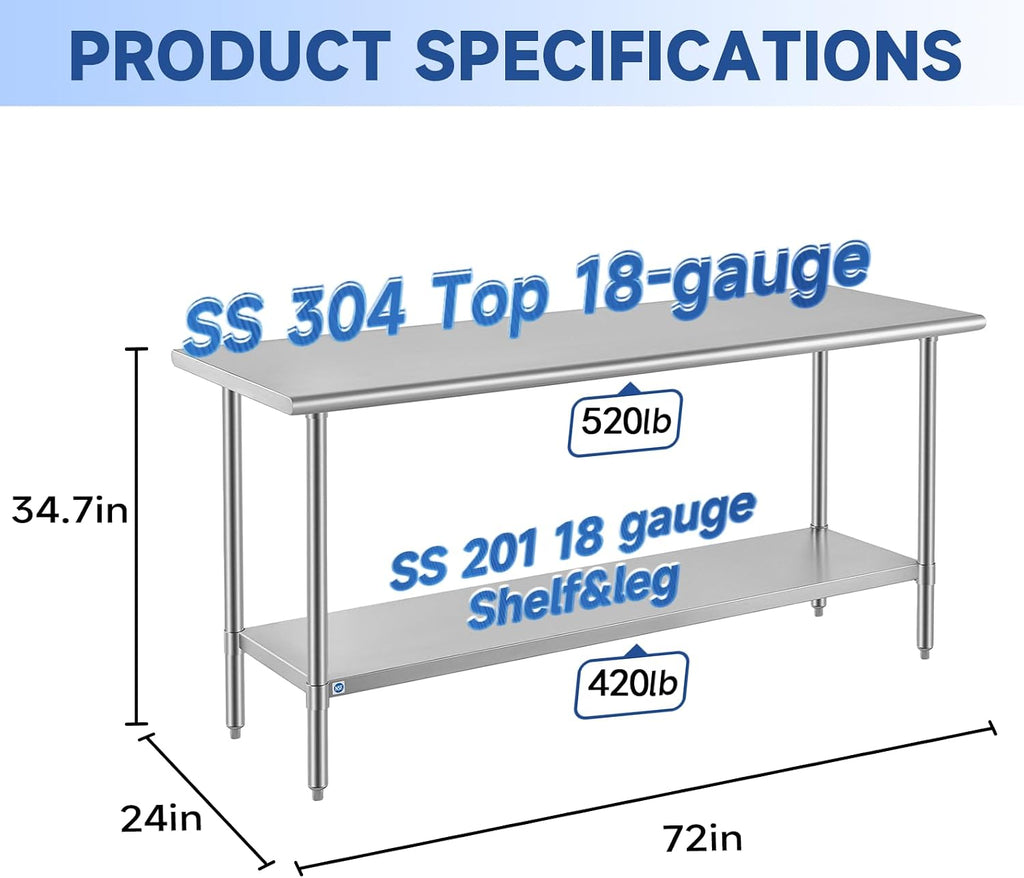 ROCKPOINT SS304 Top All Stainless Steel Table for Prep & Work 24x72 Inches, NSF Commercial Kitchen Heavy Duty Table with Adjustable Undershelf for Restaurant,Kitchen, Home and Hotel