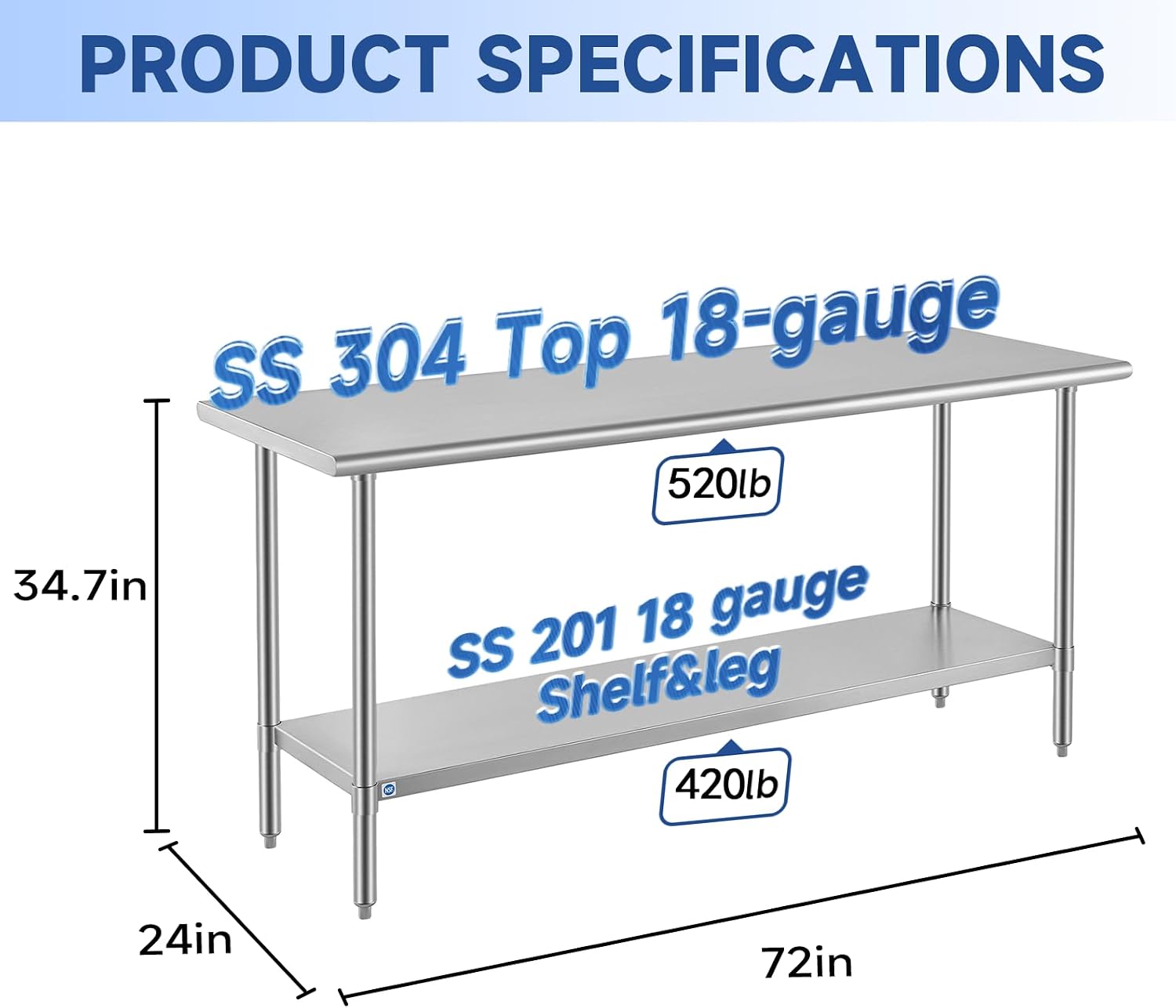 ROCKPOINT SS304 Top All Stainless Steel Table for Prep & Work 24x72 Inches, NSF Commercial Kitchen Heavy Duty Table with Adjustable Undershelf for Restaurant,Kitchen, Home and Hotel
