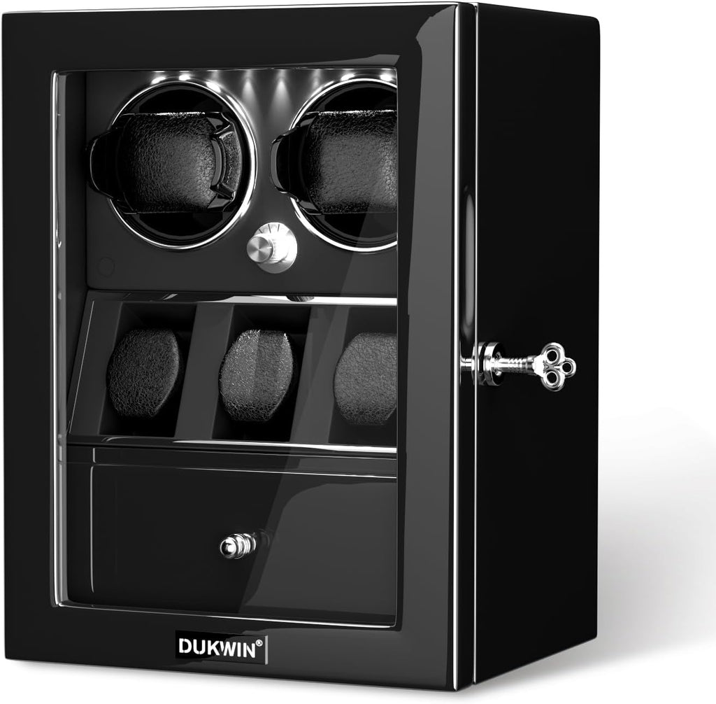 DUKWIN Watch Winder for 4/6/8 Automatic Watches, Lockable Winders with Watch Holders and Jewelry Storage, Super Quiet Motor with High-Gloss Finish, Built-in Illumination