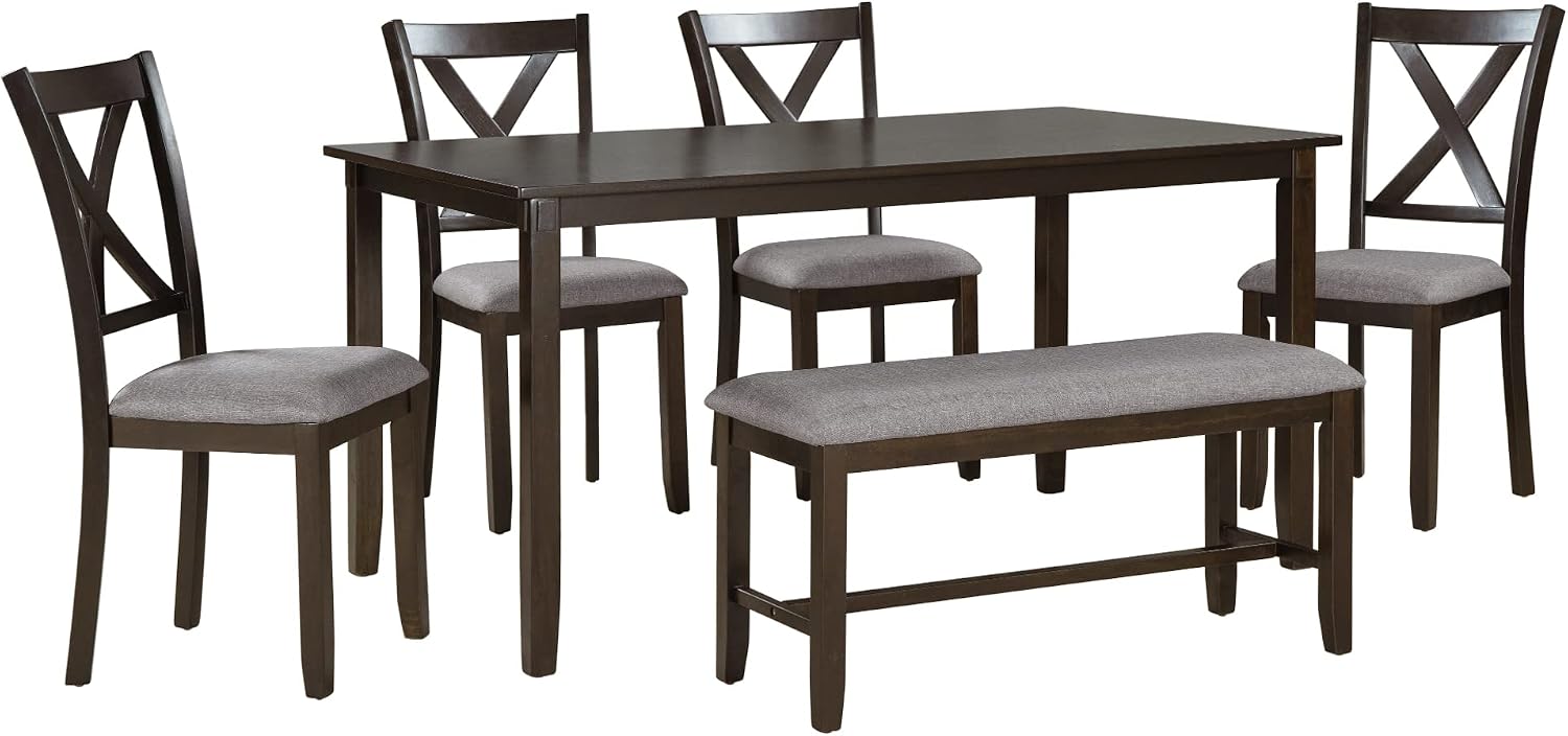 Merax 6 Piece Kitchen Dining Table Set, Wood Rectangular Table and 4 Dining Chairs with Cushions and 1 Bench with Cushion, Kitchen Dining Room Table Set for 6 (Espresso)