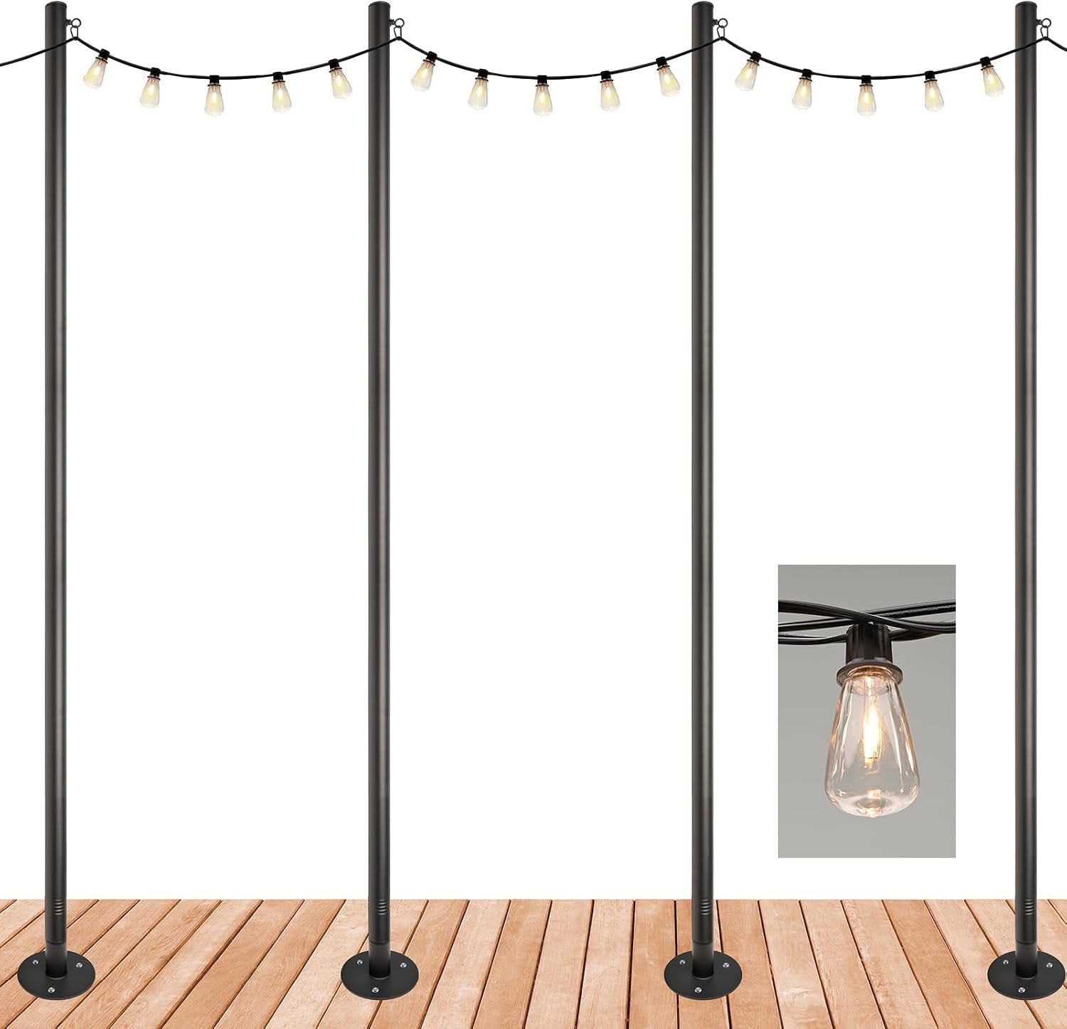 EXCELLO GLOBAL PRODUCTS Premium String Light Pole 4 Pack with 100' of LED Edison Bulb String Lights (Deck Mount)