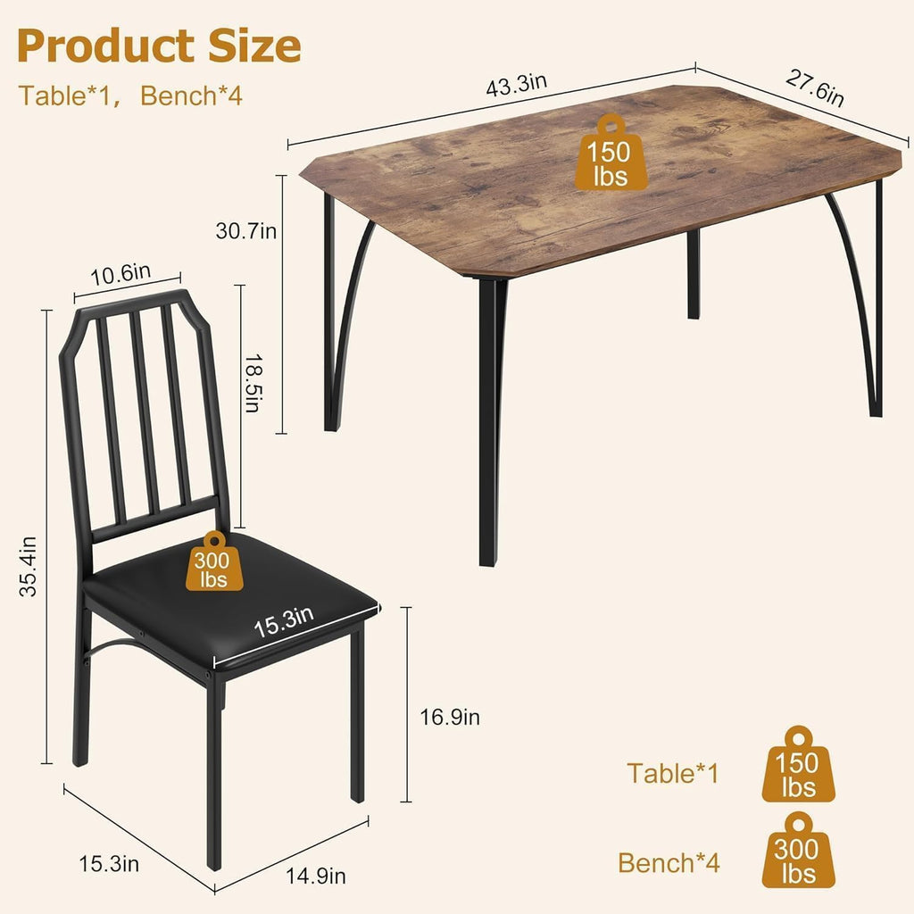 IDEALHOUSE Dining Table Set for 4, Kitchen Table Set of 4 with Upholstered Cushion Chairs, Dining Room Table Set with Kitchen Chairs, Easy to Assemble, Suitable for Apartment - (Rustic Walnut)