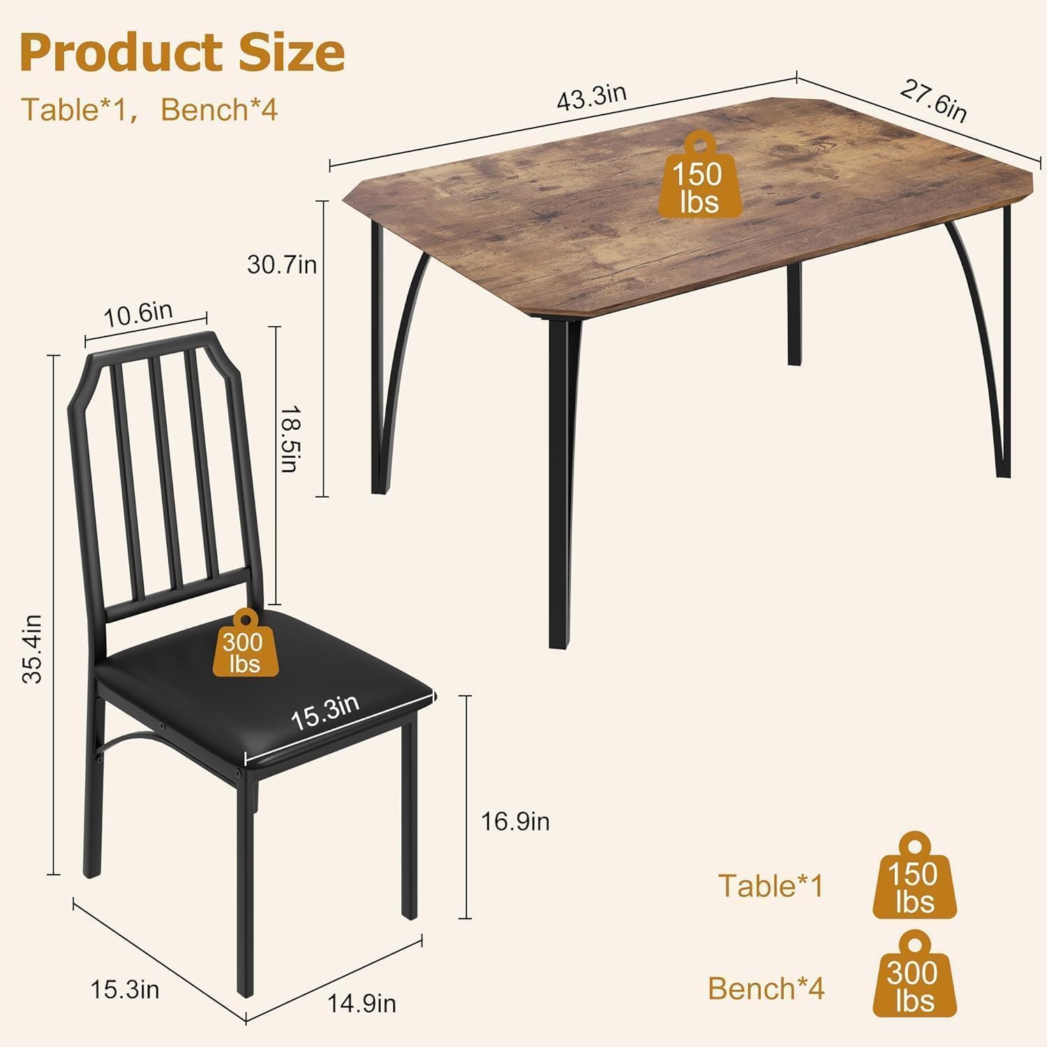 IDEALHOUSE Dining Table Set for 4, Kitchen Table Set of 4 with Upholstered Cushion Chairs, Dining Room Table Set with Kitchen Chairs, Easy to Assemble, Suitable for Apartment - (Rustic Walnut)