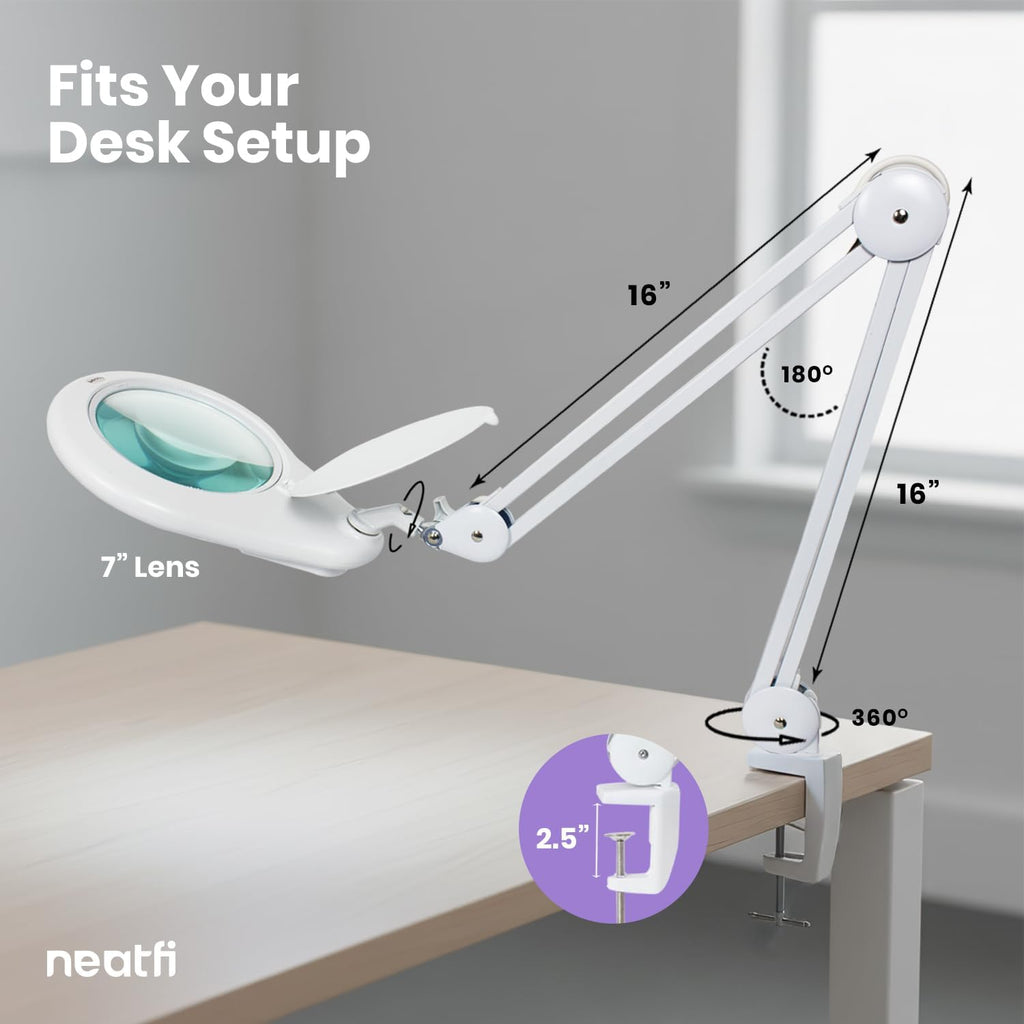 Neatfi Elite XL HD Super LED Magnifying Lamp – 7' Glass Lens, 5-Diopter, 6500K Daylight | Glare-Free, Adjustable Arm | Reading, Sewing & Crafting (White-3, 7-inch Lens, Non-CCT with Clamp)