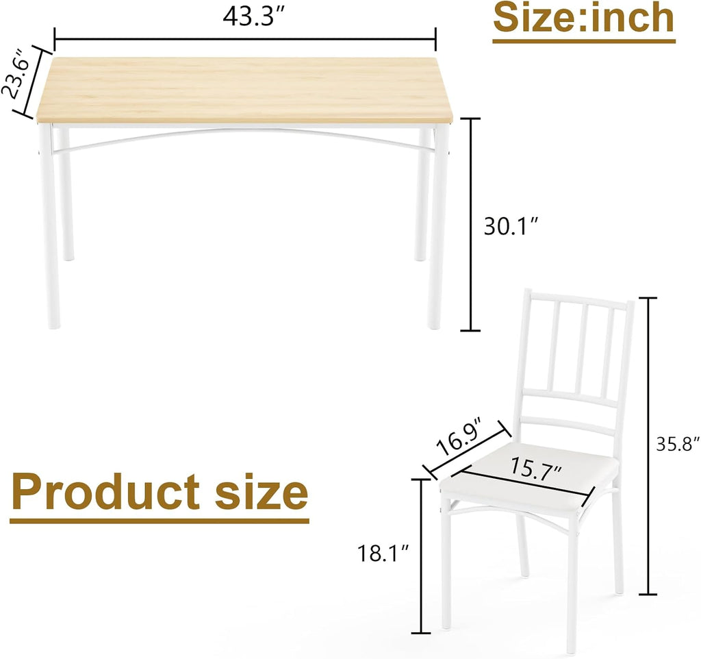 Dining Table Set for 4, Industrial Kitchen Table Set with 4 Upholstered Chairs, Metal Table and Chairs Set for Kitchen, Dining Room, Living Room, Natural+White
