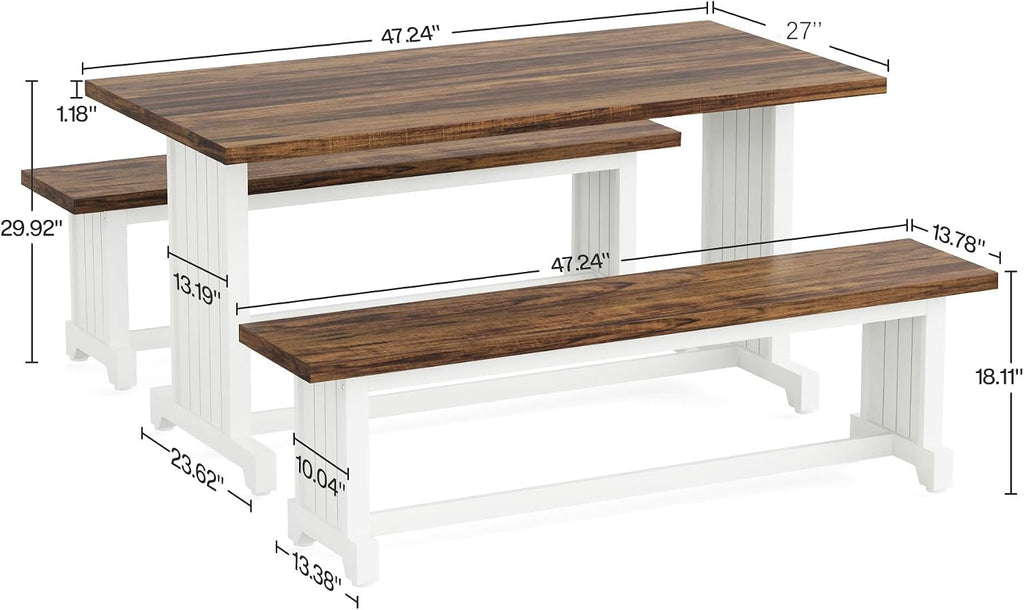 Tribesigns 47-Inch Small Dining Table Set for 2, 3-Piece Kitchen Table with 2 Benches, Farmhouse Wood Dinner Furniture for Narrow Space, Apartment, White & Rustic Brown