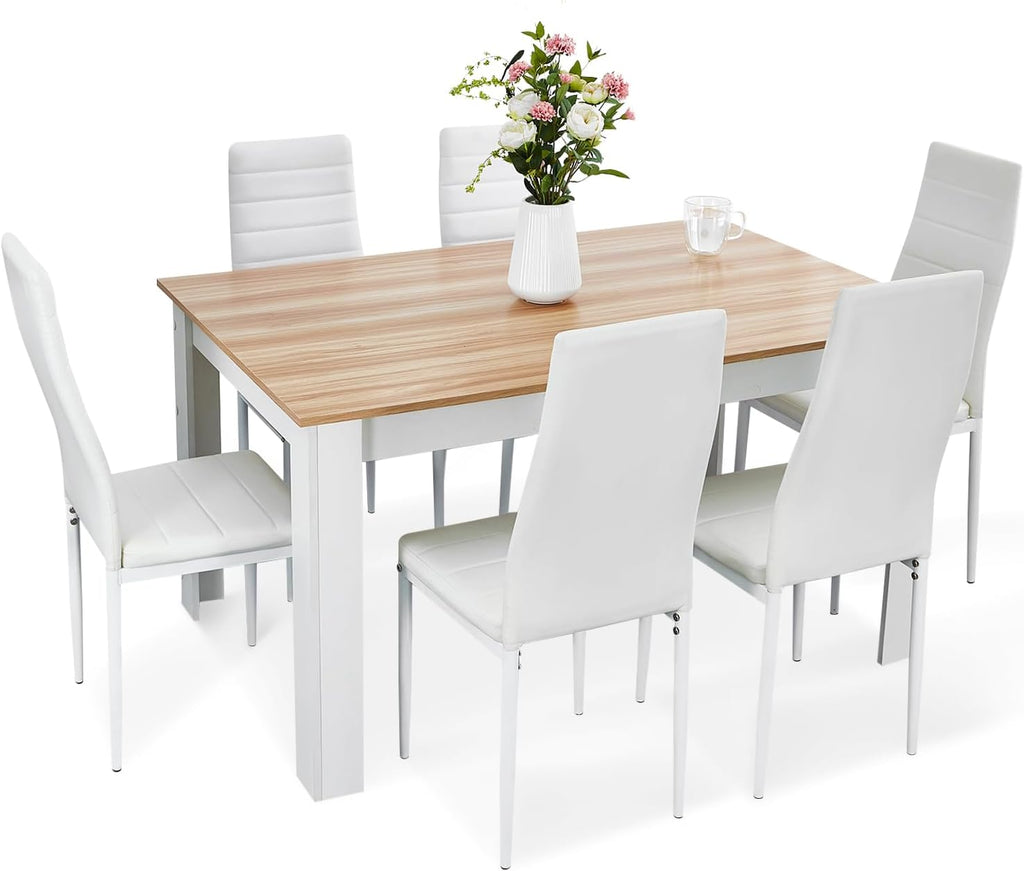 Mondeer Dining Table and Chairs Set 6, 7 Pieces Kitchen Table Set with High Back Faux Leather Chair for Dining Room Kitchen Rectangular Modern (Oak Table White Chairs)