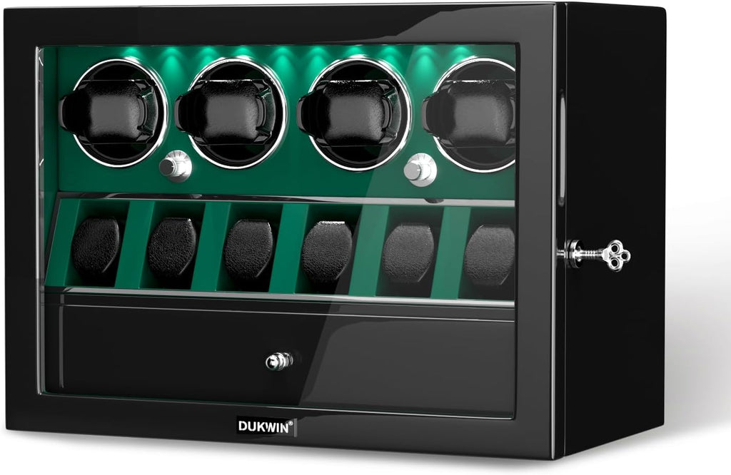 DUKWIN Watch Winder for 4/6/8 Automatic Watches, Lockable Winders with Watch Holders and Jewelry Storage, Super Quiet Motor with High-Gloss Finish, Built-in Illumination