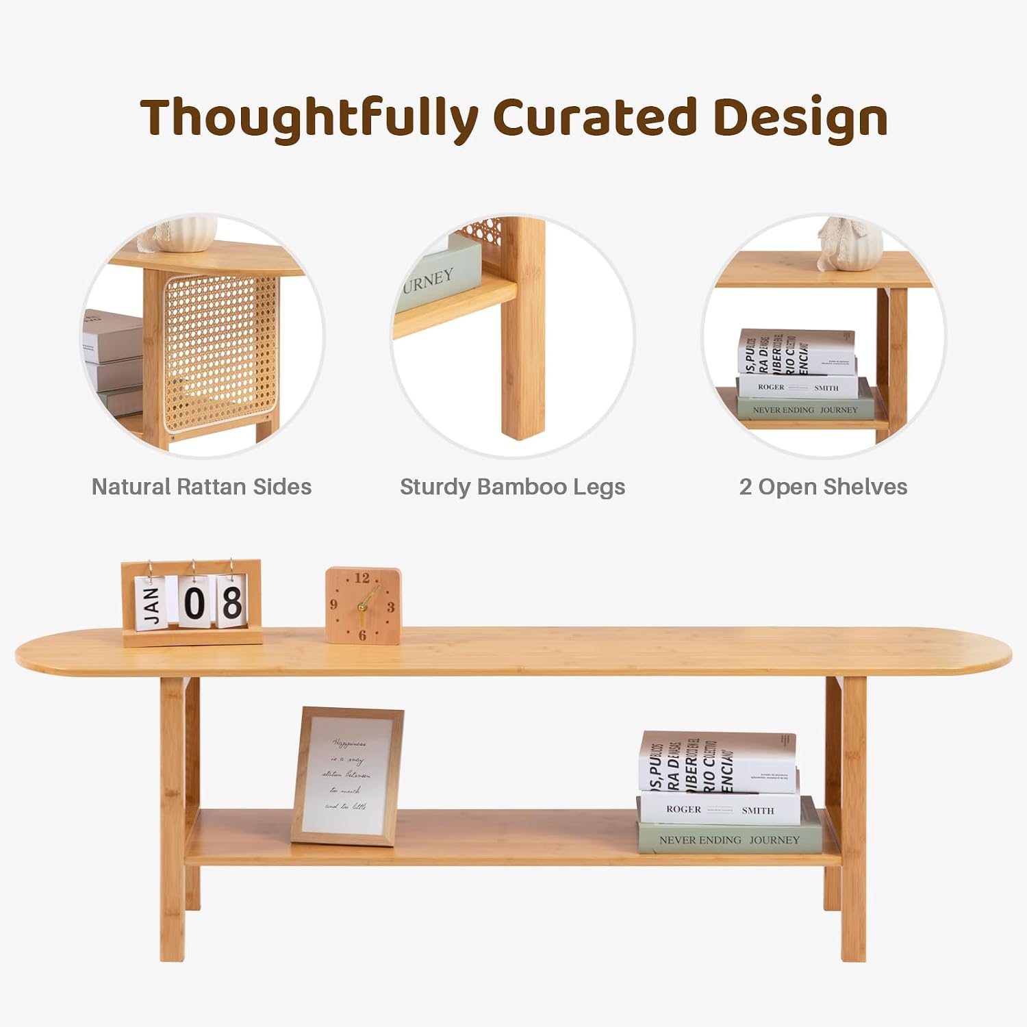 HollyHOME Bamboo TV Stand with Storage for TVs up to 65', Modern Entertainment Center with Rattan Side, Accent TV Table with 2 Shelf, Media Console TV Stand for Living Room, Bedroom, Burlywood