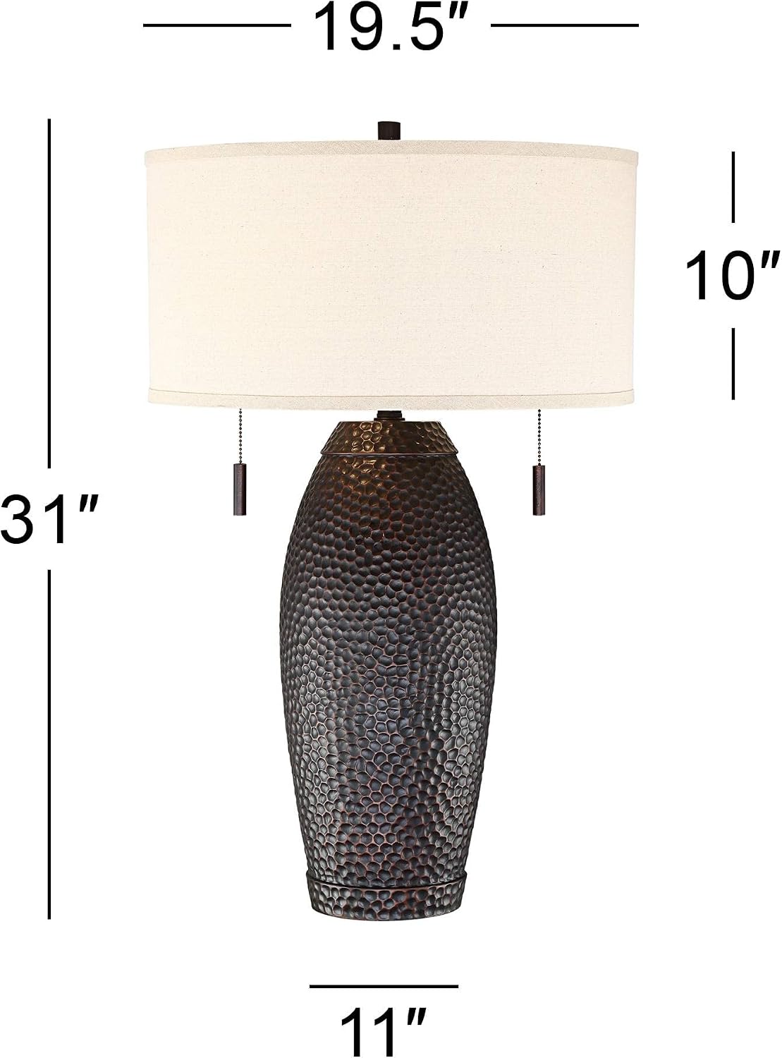 Franklin Iron Works Noah 31' Tall Vase Large Farmhouse Rustic Mission Western End Table Lamps Set of 2 Pull Chain Brown Hammered Bronze Finish Living Room Bedroom Bedside Nightstand Oatmeal Shade