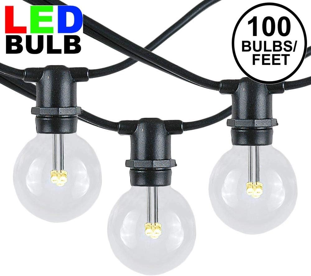 Novelty Lights 100' Warm White LED G40 Globe Outdoor String Lights, in-Line, Commercial Grade, Backyard Garden Gazebo, Cafe Market Patio Lights, Black Wire, 100 Sockets