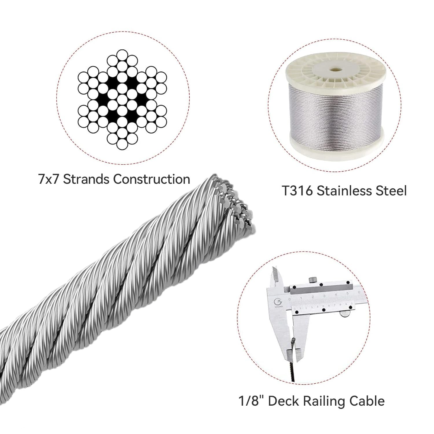 1/8 T316 Stainless Steel Cable with Cutter7x7 Strands Construction, for Deck Railing,Porch Fence,String Lights Hanging Wire 1600FT