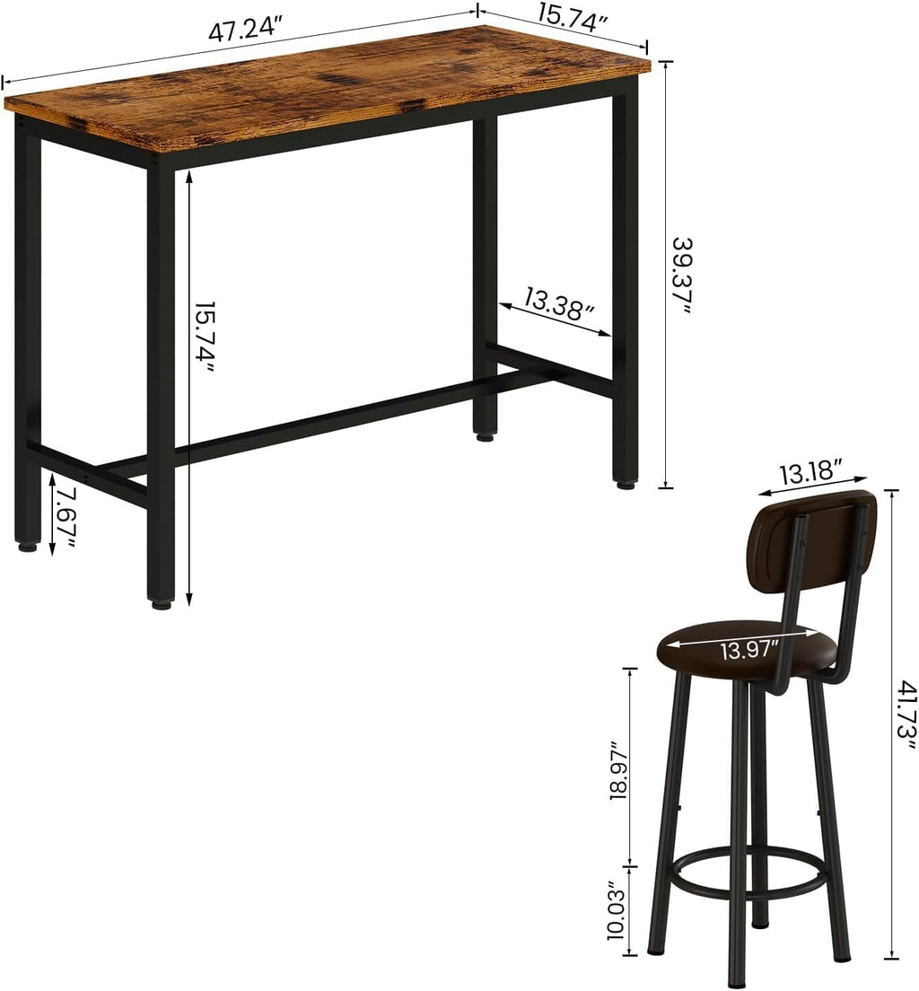 AWQM 47.2'' Pub Height Table Set for 4,Kitchen Dining Set with 2 Bar Table Table and 4 PU Leather Stools with Backrest,for Breakfast Nook,Living Room,Small Space,Bar,Rustic Brown & Brown, APHT-2