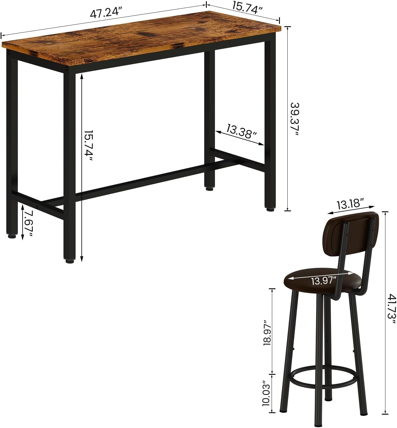 AWQM 47.2'' Pub Height Table Set for 4,Kitchen Dining Set with 2 Bar Table Table and 4 PU Leather Stools with Backrest,for Breakfast Nook,Living Room,Small Space,Bar,Rustic Brown & Brown, APHT-2