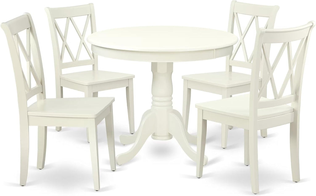 East West Furniture ANCL5-LWH-W 5 Piece Dining Table Set for 4 Includes a Round Kitchen Table with Pedestal and 4 Kitchen Dining Chairs, 36x36 Inch, Linen White