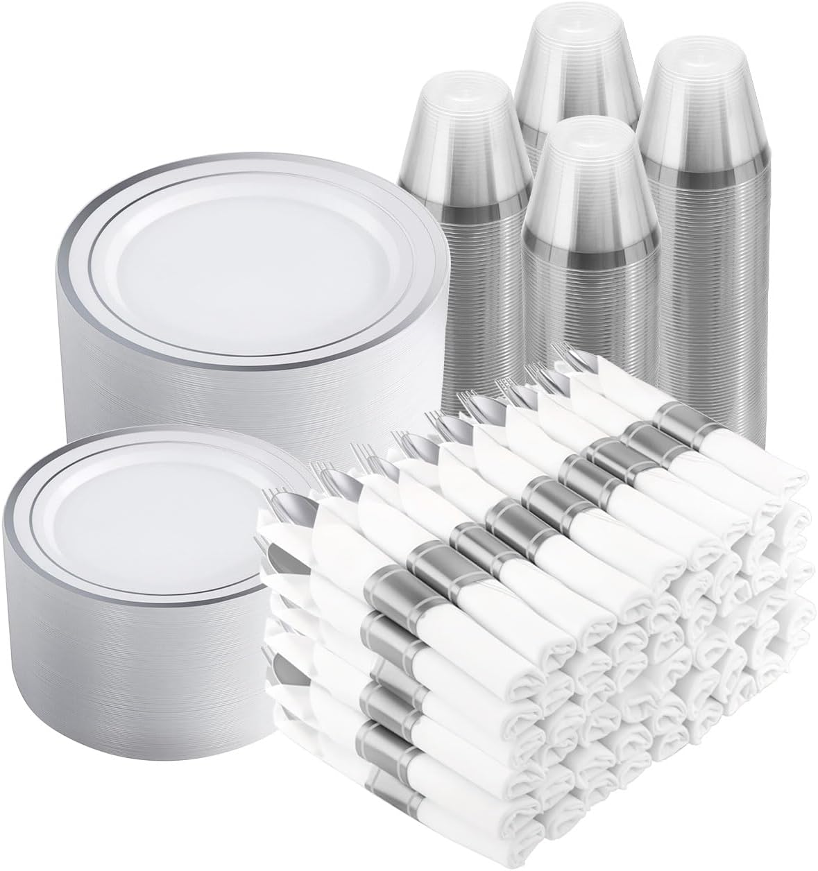 700 PCS White and Silver Plastic Dinnerware Set for 100 Guests, 200 Disposable Plates for Party, 100 Pre Rolled Napkins with Silver Silverware, 100 Cups