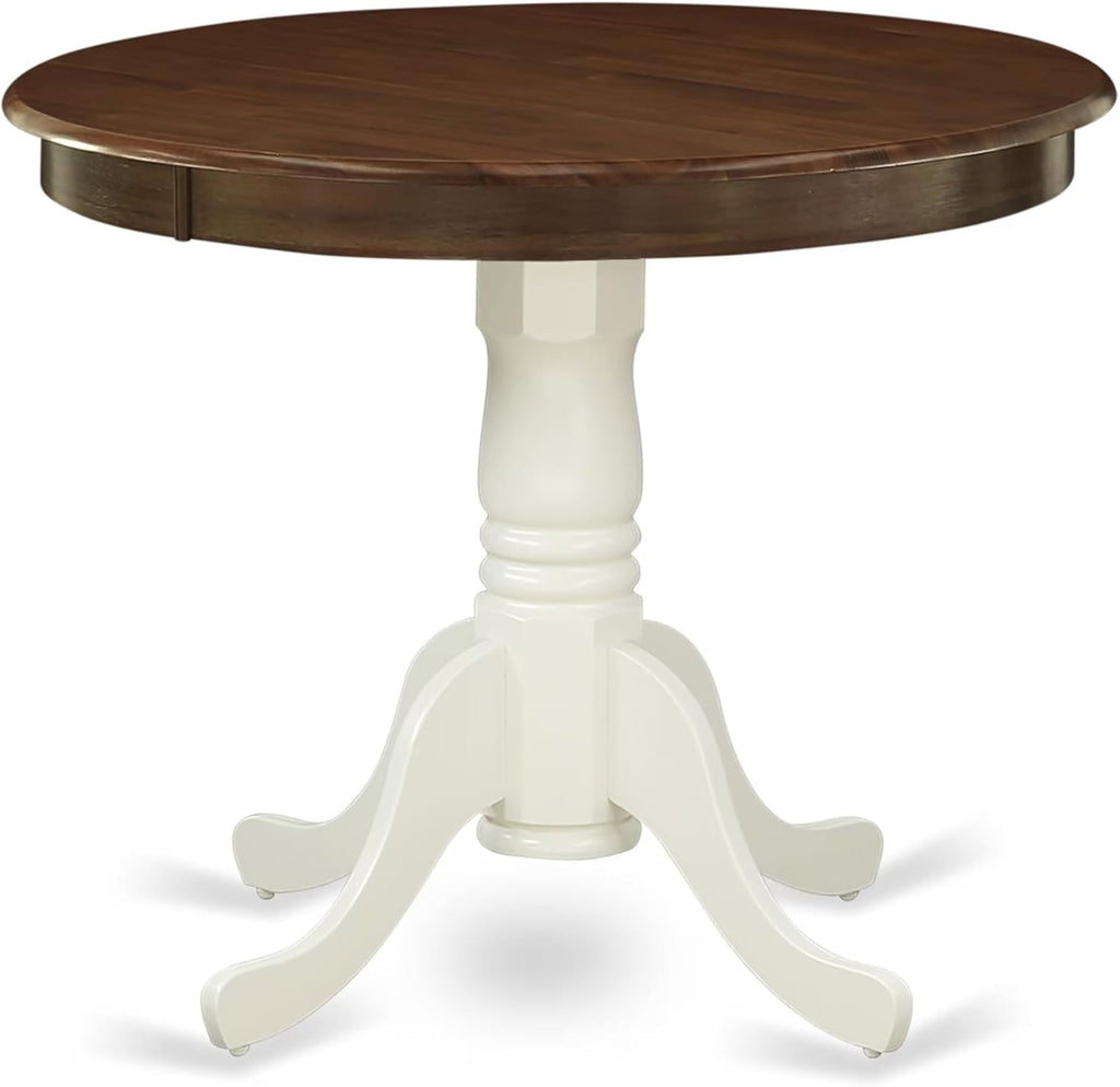 East West Furniture AMT-WLW-TP Antique Kitchen Dining Table - a Round Wooden Table Top with Pedestal Base, 36x36 Inch, Walnut & Linen White