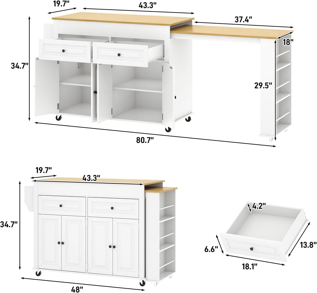 80'-48' Extendable Kitchen Island with Extended Dining Table and Power Outlet,Large Mobile Kitchen Storage Islands with 2 Storage Drawers,Rolling Islands Cart with 3 Extra Rows Open Shelves(White)