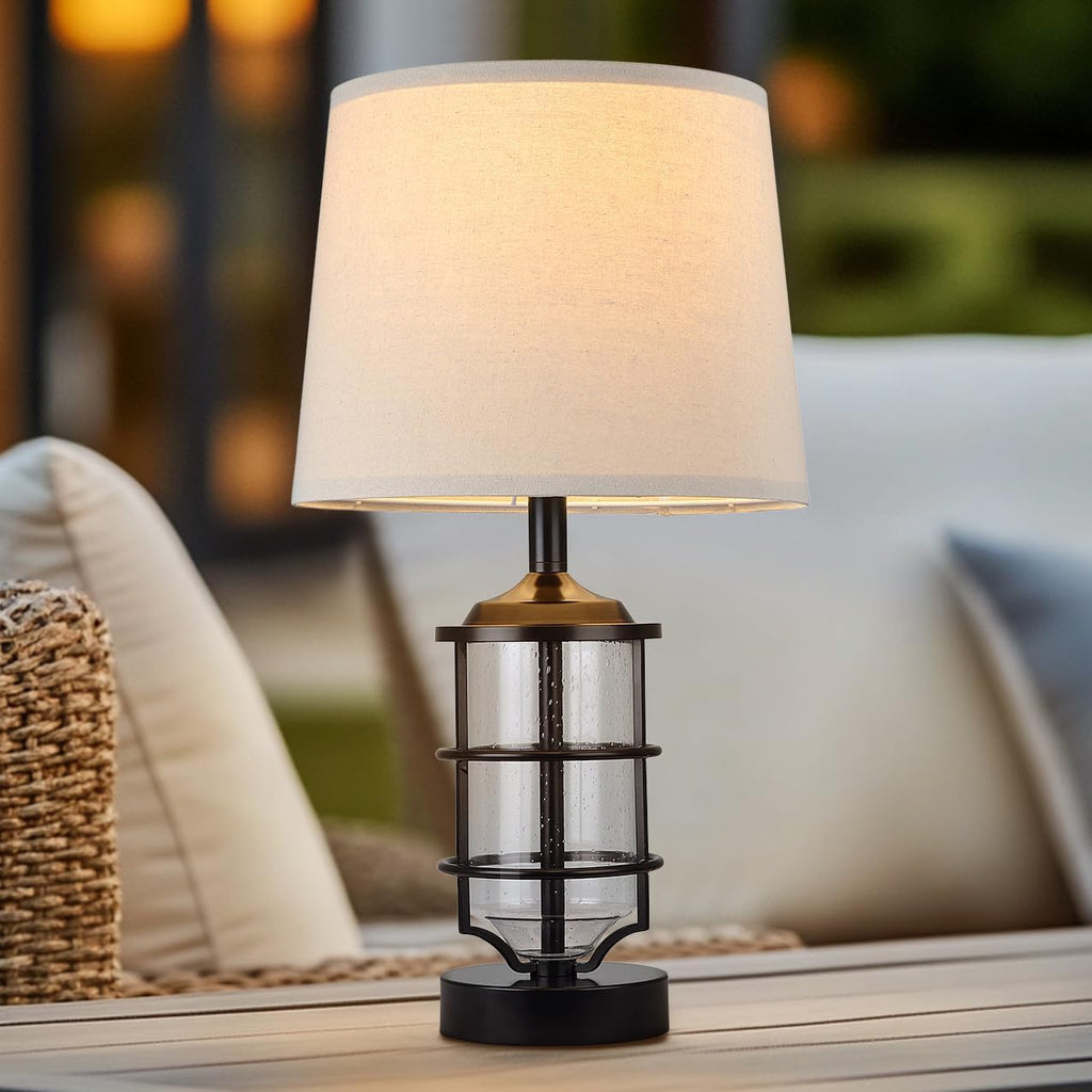 Outdoor Table Lamp, Farmhouse Lamp for Patio Table Decor with Cord, Rustic Table Light with Seeded Glass, 23.5' Plug-in Outdoor Lamps for Patio Waterproof, LED Bulb Included (Black)