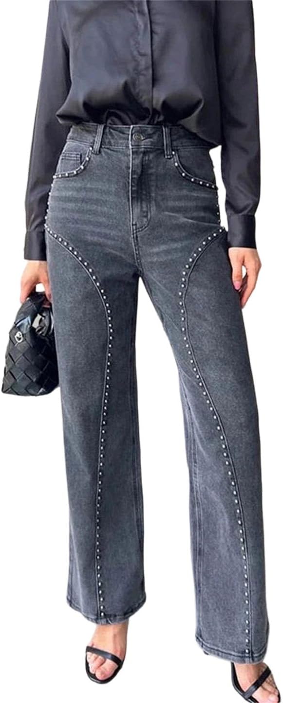 Women Studded Denim Straight Pants High Waist Hip Package Metal Rivets Design Trousers Club Wear Style