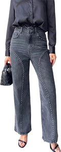 Women Studded Denim Straight Pants High Waist Hip Package Metal Rivets Design Trousers Club Wear Style