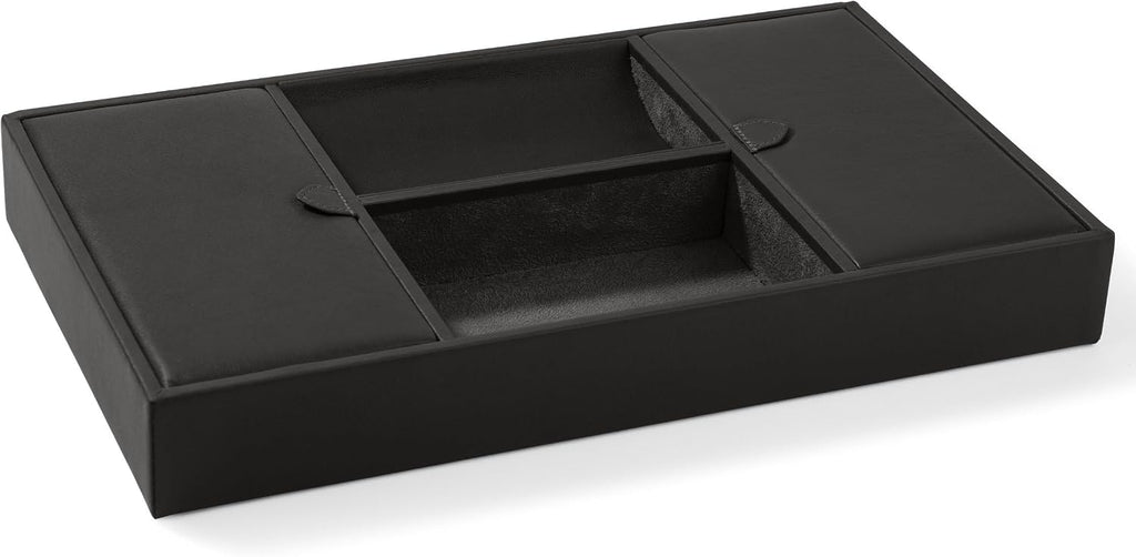 Leatherology Black Onyx Deluxe Valet Tray – Jewelry & Watch Organizer with Covered and Open Compartments, Microsuede Lining – Elegant Catchall for Bedroom, Closet or Bathroom