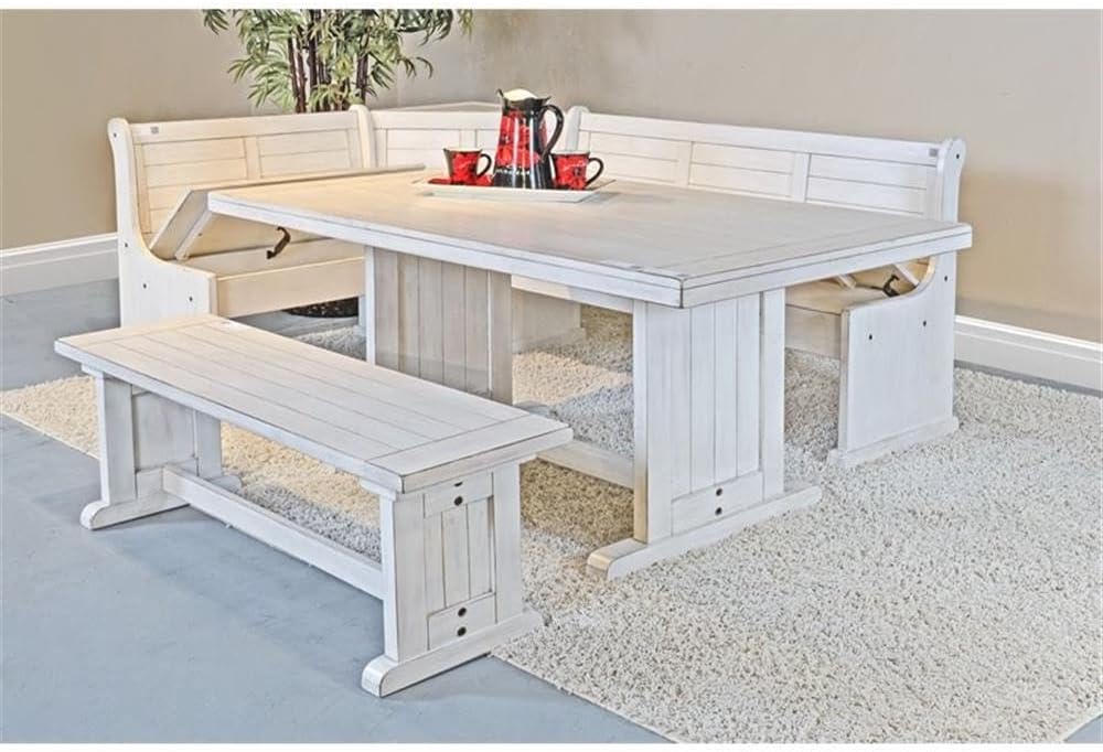 Pemberly Row 75' x 56' Farmhouse Wood Breakfast Nook Set with Table, Storage, Reversable Benche, L-Shaped Corner Bench, for Dining Room, in Marble White Finish