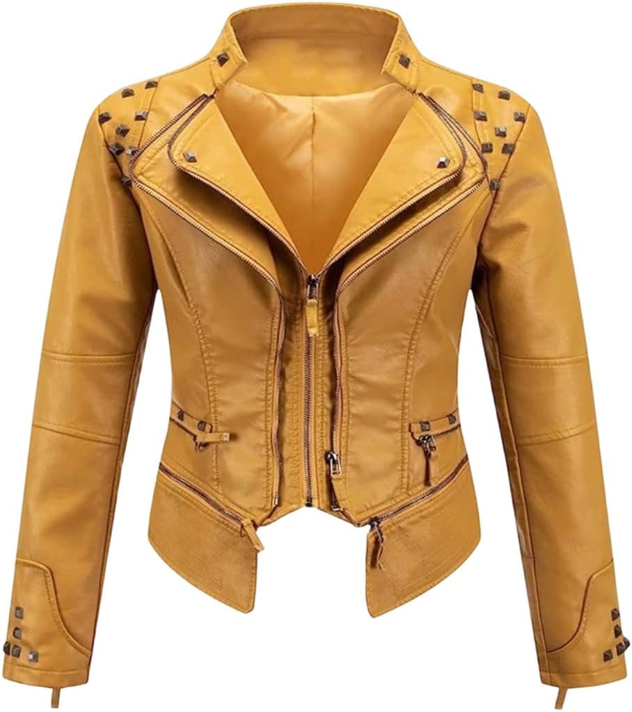 Ladies' Spring and Autumn suit collar, rivet waist, short style, washed PU, slimming and elegant leather jacket