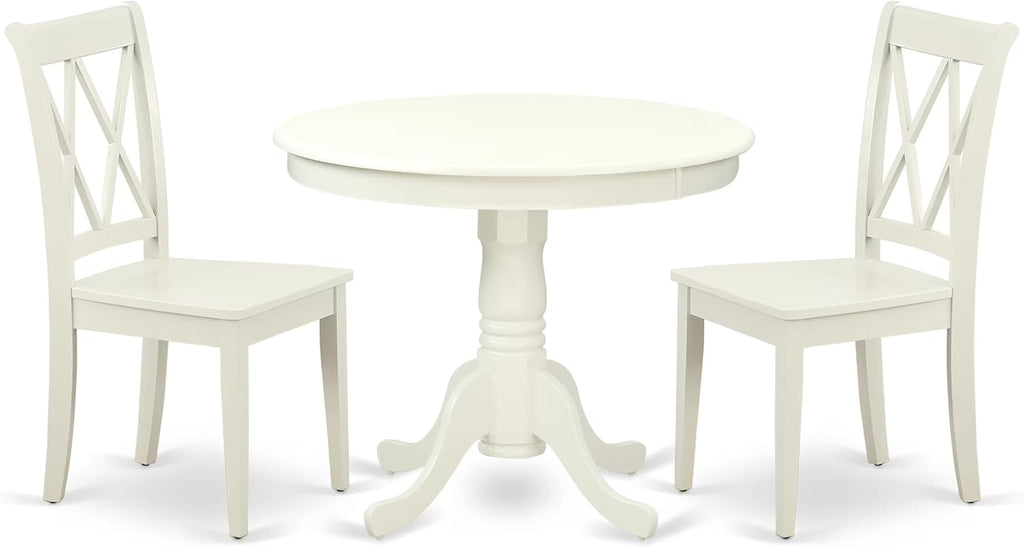East West Furniture ANCL3-LWH-W 3 Piece Kitchen Table Set for Small Spaces Contains a Round Dining Room Table with Pedestal and 2 Solid Wood Seat Chairs, 36x36 Inch, Linen White