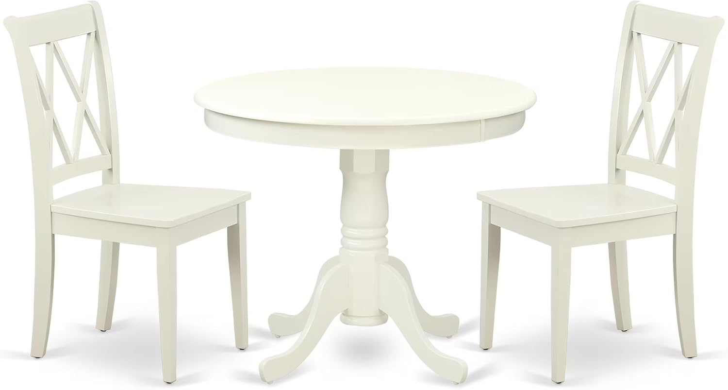 East West Furniture ANCL3-LWH-W 3 Piece Kitchen Table Set for Small Spaces Contains a Round Dining Room Table with Pedestal and 2 Solid Wood Seat Chairs, 36x36 Inch, Linen White