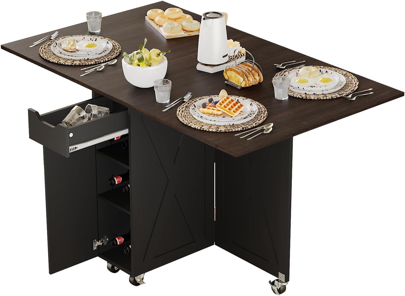 3imothrix Folding Dining Table, Small Dining Table, Space Saving Dining Table with 6 Wheels, Kitchen Table Sewing Table for Small Spaces (Black Dark Brown)