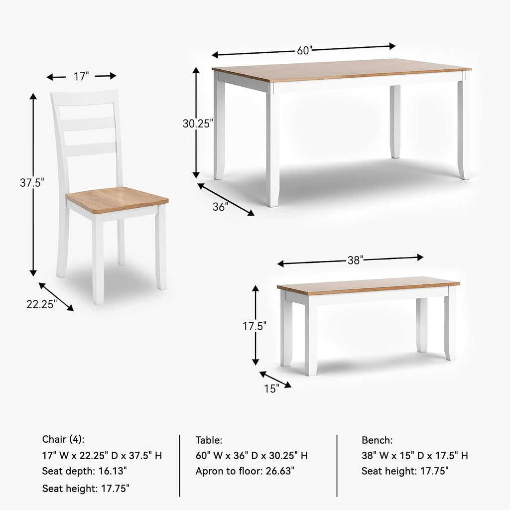 Signature Design by Ashley Gesthaven Casual Modern Dining Room Table Set with 4 Chairs and Bench, Set of 6, Mango Wood, 30.25' Table Height, White & Light Brown