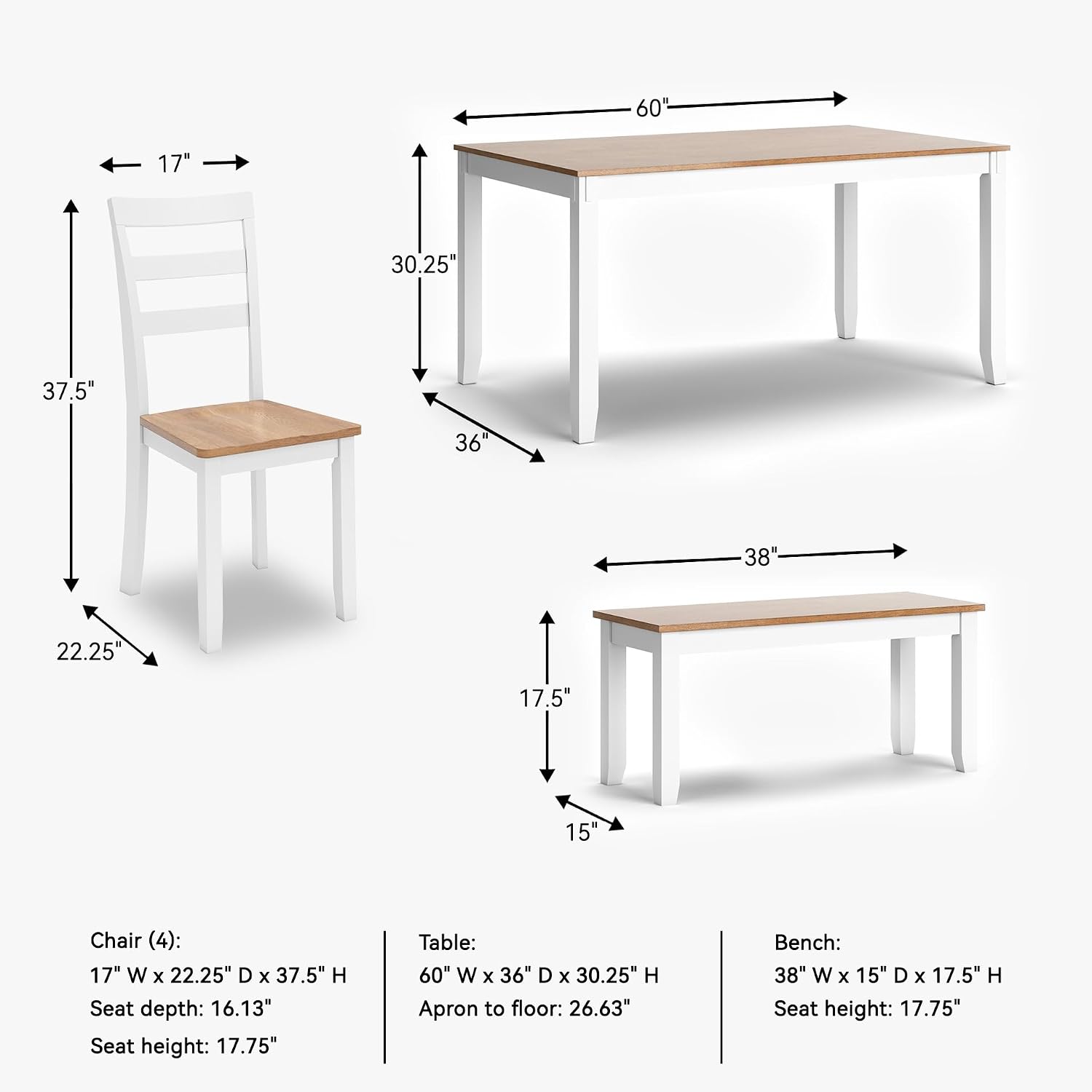 Signature Design by Ashley Gesthaven Casual Modern Dining Room Table Set with 4 Chairs and Bench, Set of 6, Mango Wood, 30.25' Table Height, White & Light Brown
