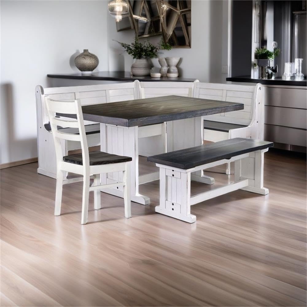 Pemberly Row 4-Piece Farmhouse Wood Breakfast Nook Set with Hidden Storage, Reversible Seating, Great for Small Spaces, in White & Brown Finish