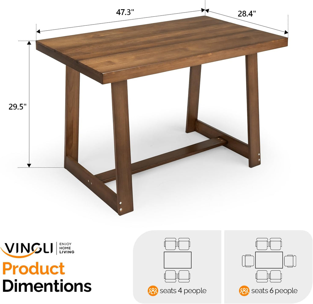 VINGLI 48 Inch Farmhouse Dining Table for 4-6, Solid Pine Wood Table with 4 Corner Protectors, Rectangular Dining Table for Kitchen, Dining Room, Small Apartment, Studio, Family Dinner, Walnut