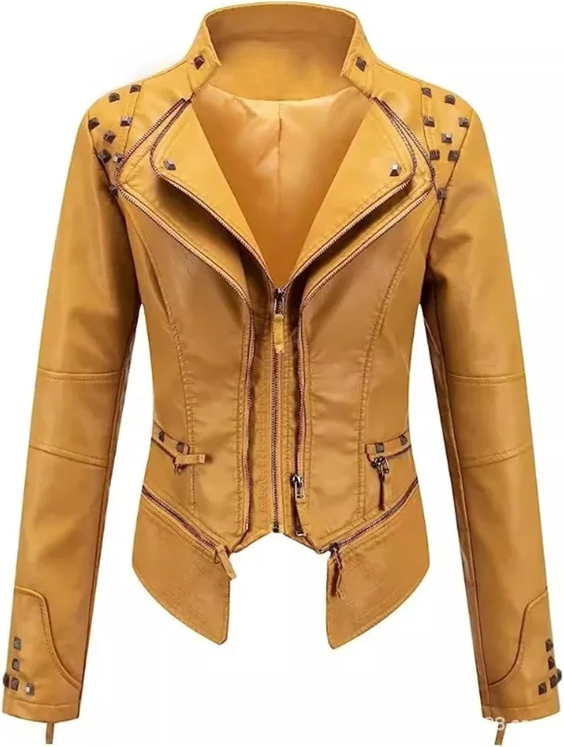 Women's Washed Pu Leather Jacket - Short Turn-Down Collar With Rivet Details Spring Autumn Wear