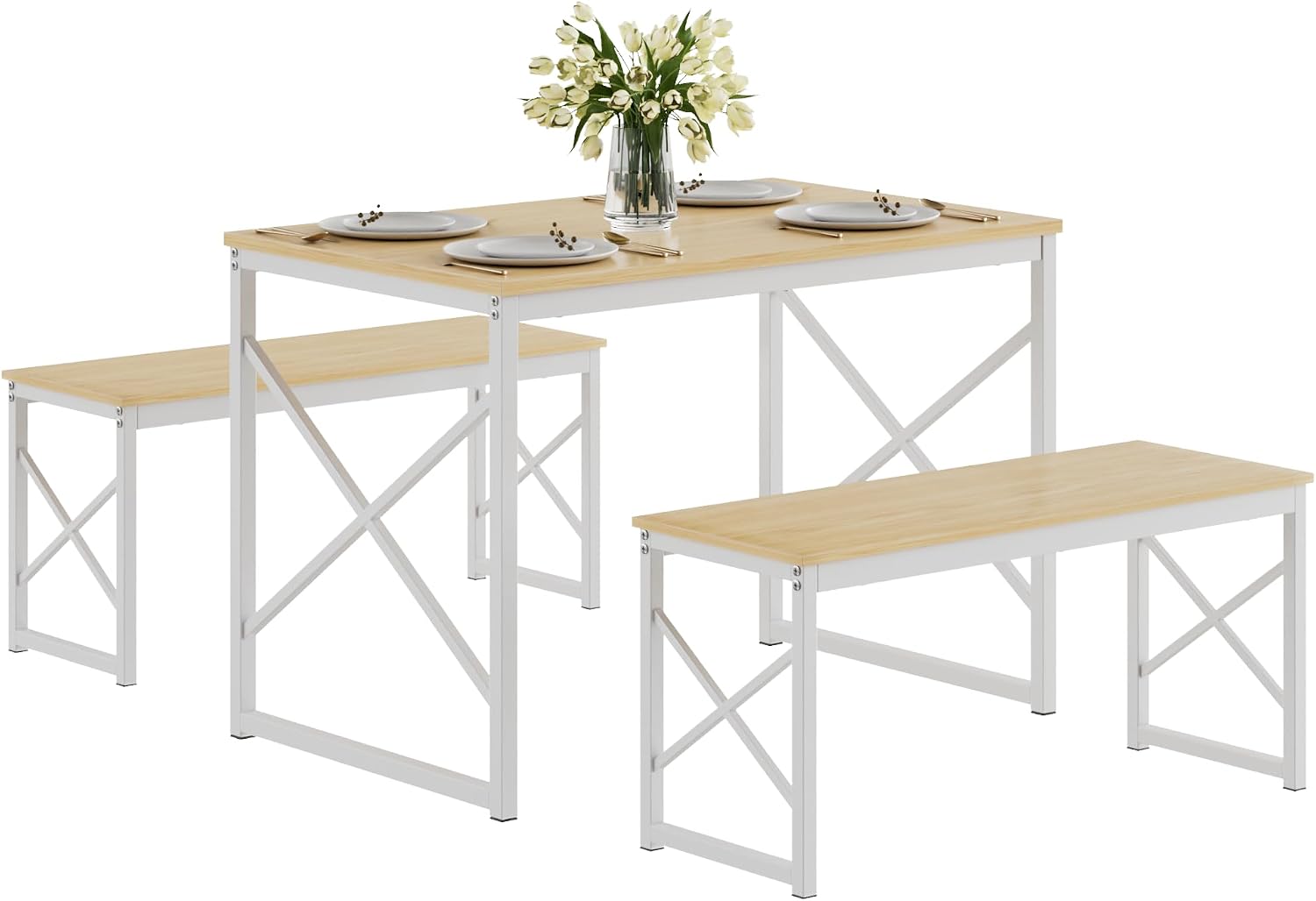 VECELO Kitchen Dining Table Benches Set for 4, 43.3' Wooden Dinette with 2 Benches, Heavy-Duty Dining Room Table for Small Space, Breakfast Nook, Natural Oak