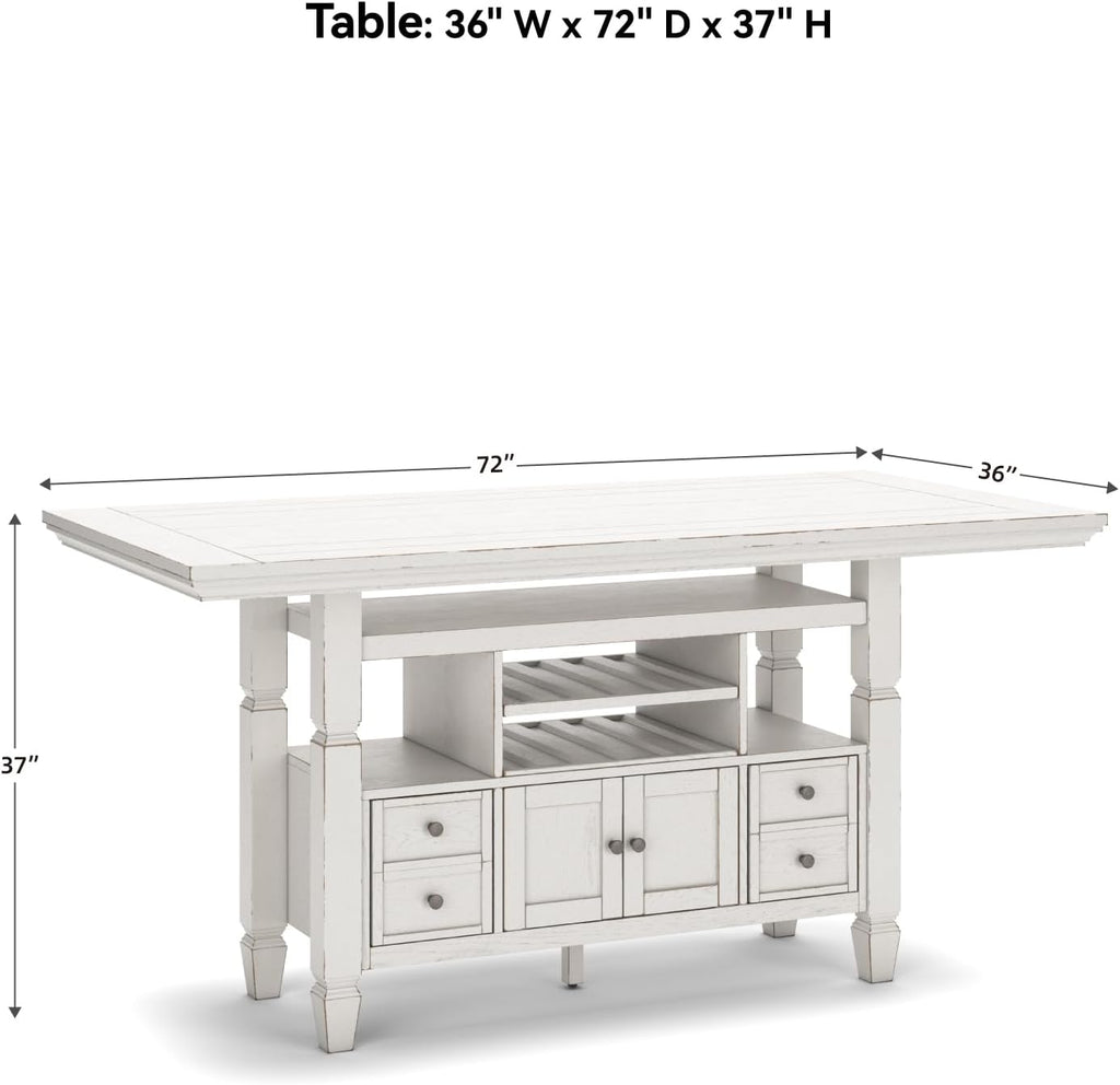 Signature Design by Ashley Robbinsdale Casual Counter Height Dining Table with 10 Bottle Wine Storage, Open Shelves, Drawers and Cabinet, Antiqued White Finish, 36' W x 72' L x 37' H