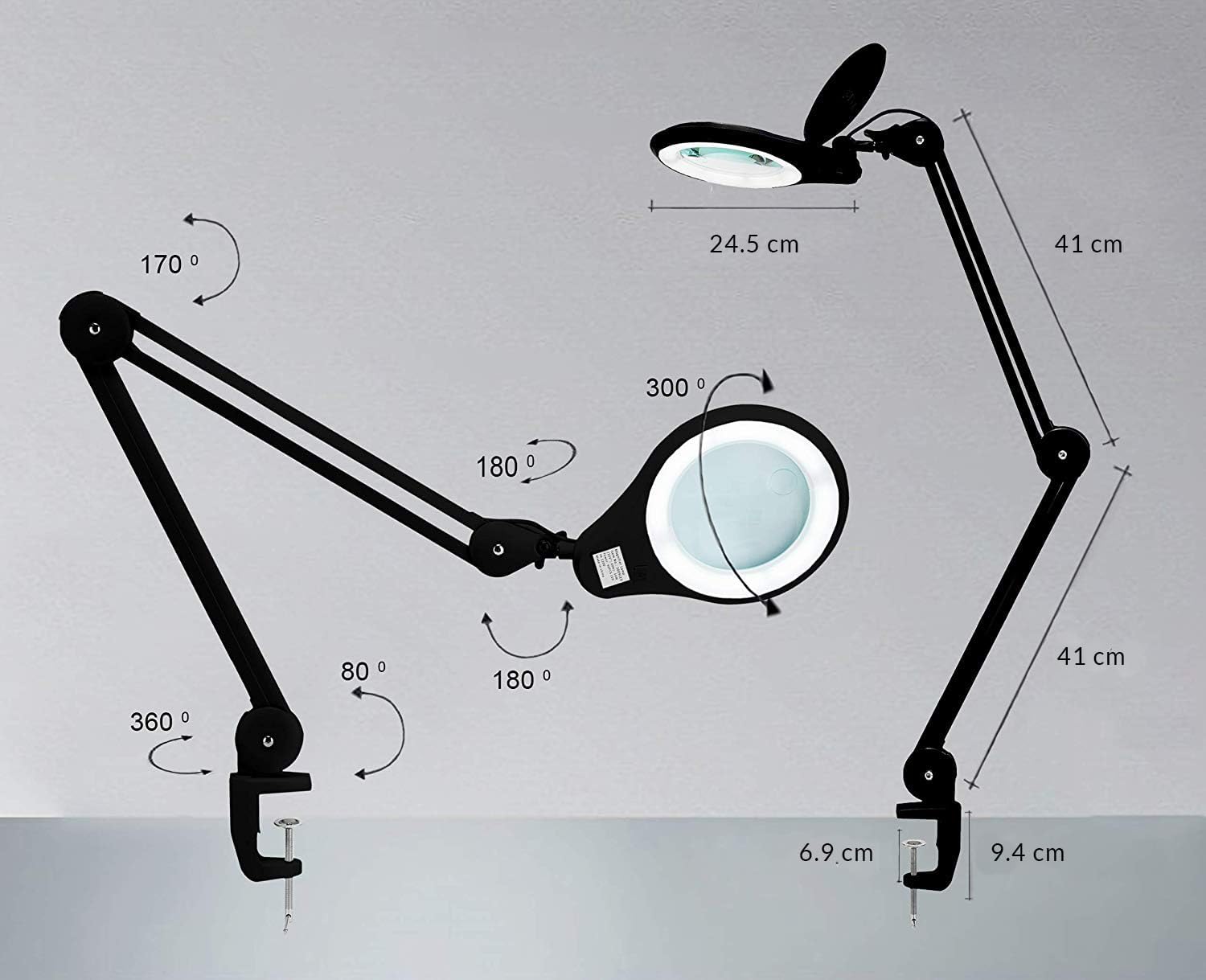 Neatfi LED Bifocal Magnifying Lamp 1,200 Lumens – 5' Glass Lens, Dual Magnification 2.25X/6X, Dimmable | Adjustable Arm with Clamp | Crafting, Jewelry & Reading (5 Diopter + 20 Diopter, Black)