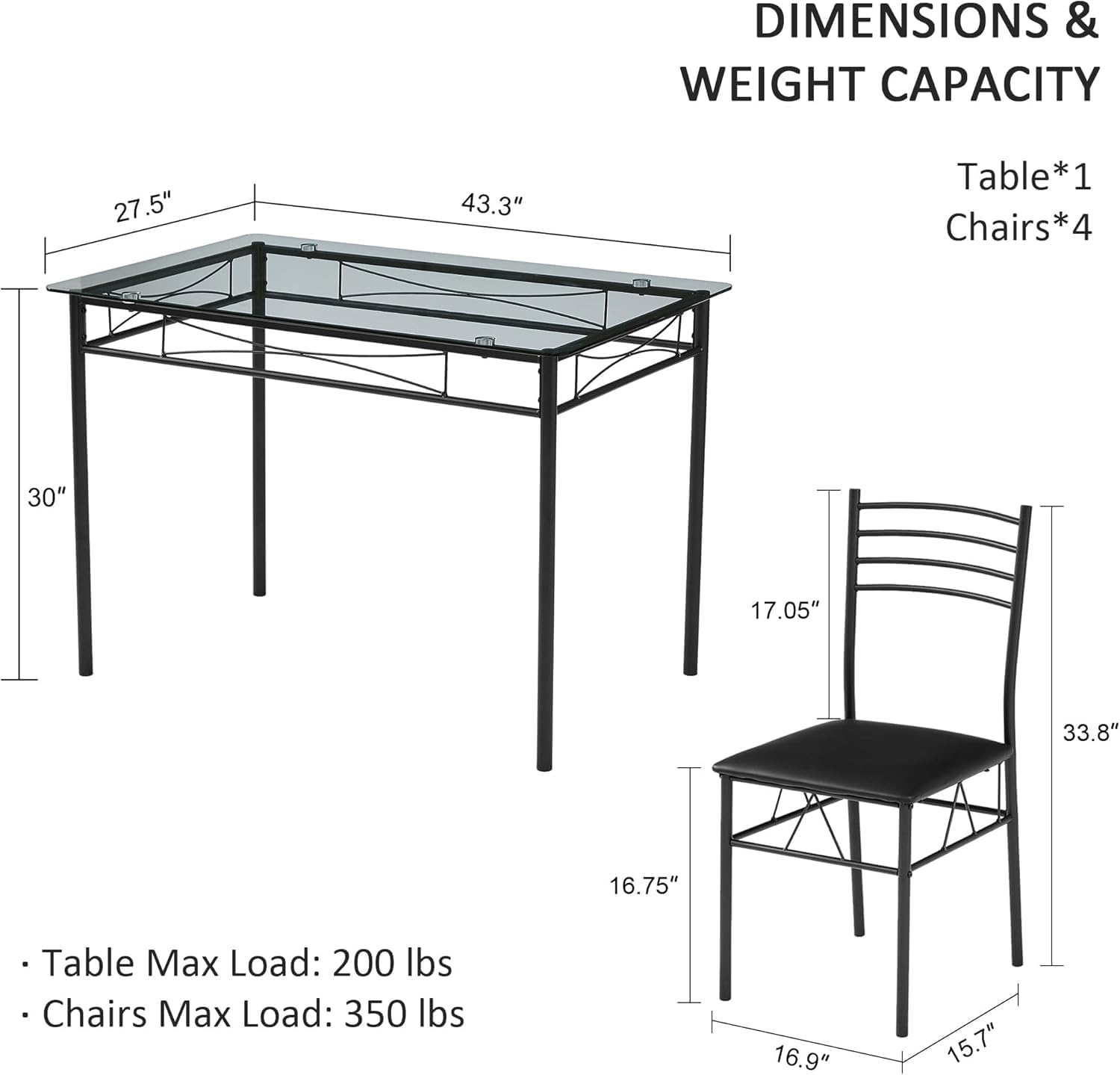 VECELO Dining Table Set for 4, 5-Piece Glass Kitchen Table with Upholstered Padded Chairs for Small Space, Breakfast Nook, Space-Saving, Black