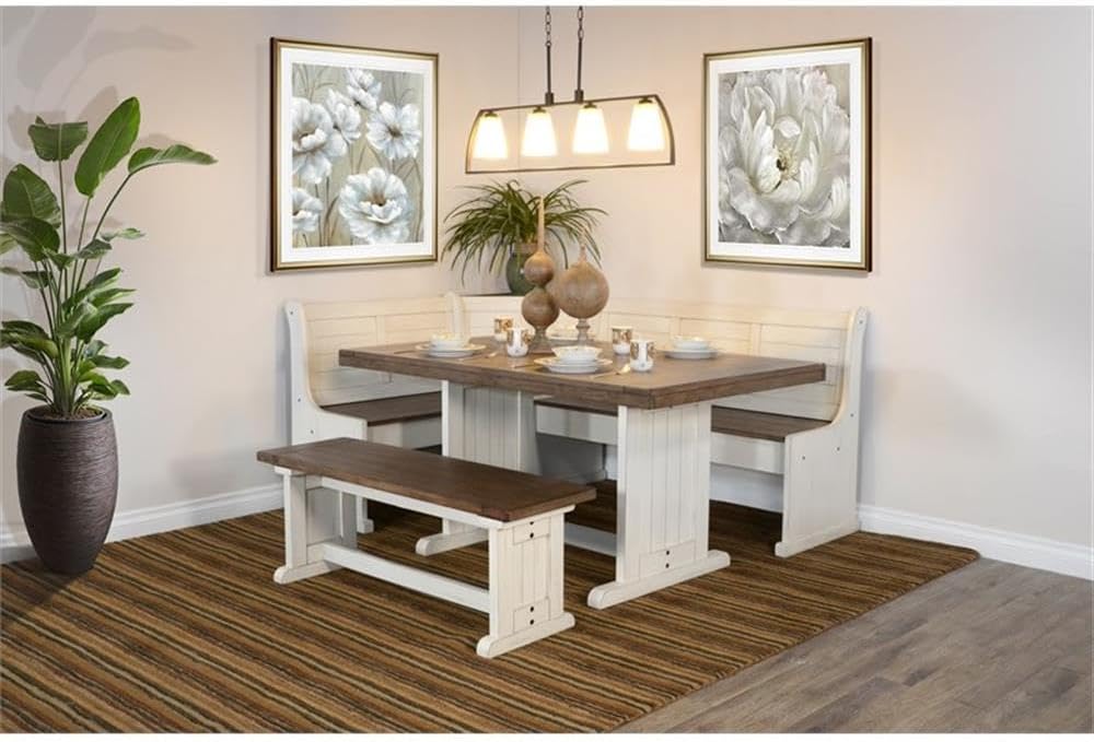 Pemberly Row Dining Set Wood, Rectangular in Off White (36' H x 75' W x 56' D) for Kitchen, Dining Room with Table, Reversable Benches, and Storage Space