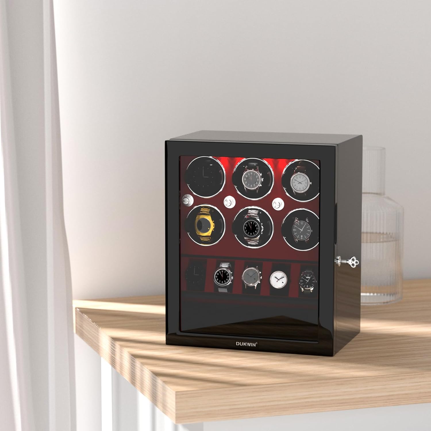 DUKWIN Watch Winder for 4/6/8 Automatic Watches, Lockable Winders with Watch Holders and Jewelry Storage, Super Quiet Motor with High-Gloss Finish, Built-in Illumination
