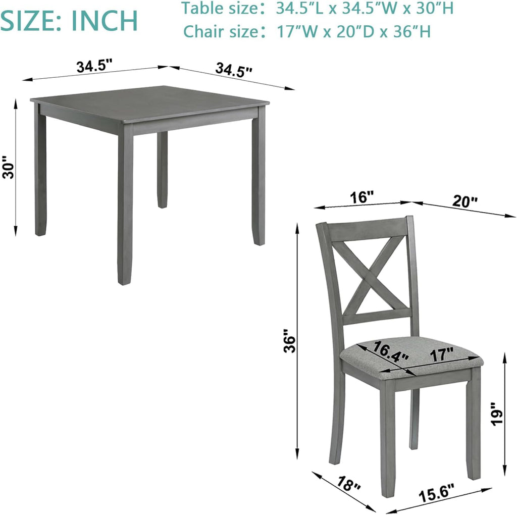 Harper & Bright Designs Modern 5-Piece Wooden Dining Table Set for 4, Grey Square Kitchen Table & 4 Upholstered Seating Chairs, Acacia/Birch Veneer, Space-Saving Design for Dining Room & Small Spaces