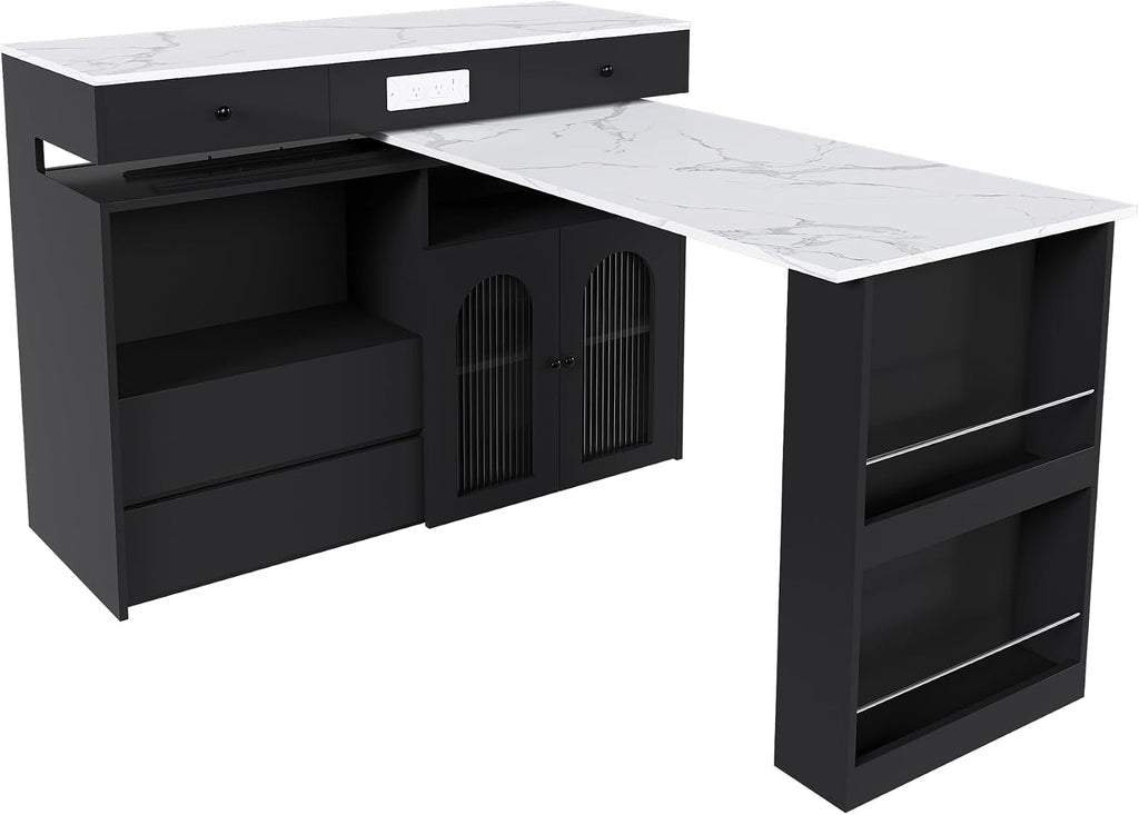 KEIKI Kitchen Island with Extendable & Rotating Table, Expandable Dining Station for 2-4, Kitchen Storage Islands with 4 Drawers & Glass Door Cabinets & Built-in Socket for Dining Room, Black