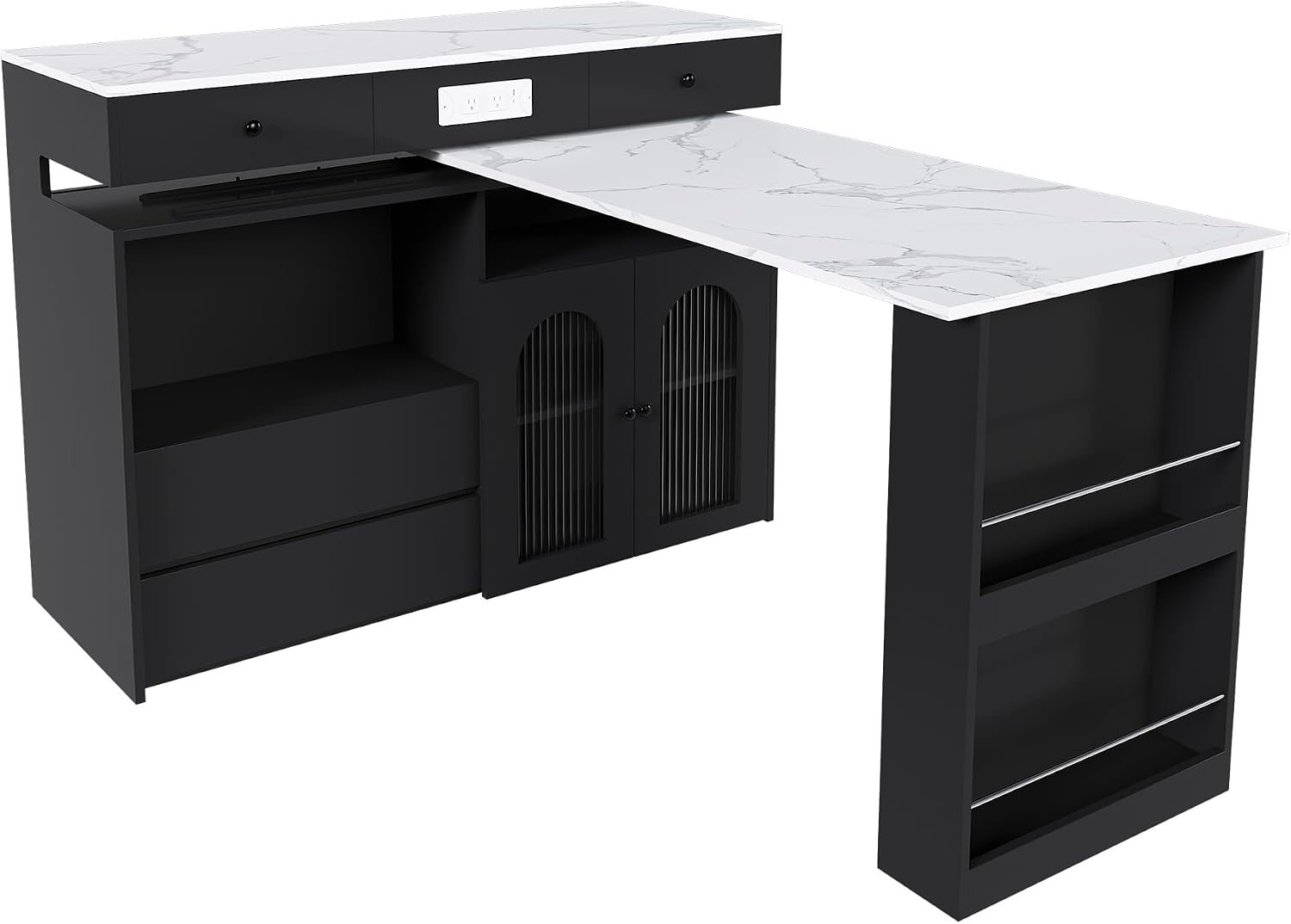 KEIKI Kitchen Island with Extendable & Rotating Table, Expandable Dining Station for 2-4, Kitchen Storage Islands with 4 Drawers & Glass Door Cabinets & Built-in Socket for Dining Room, Black