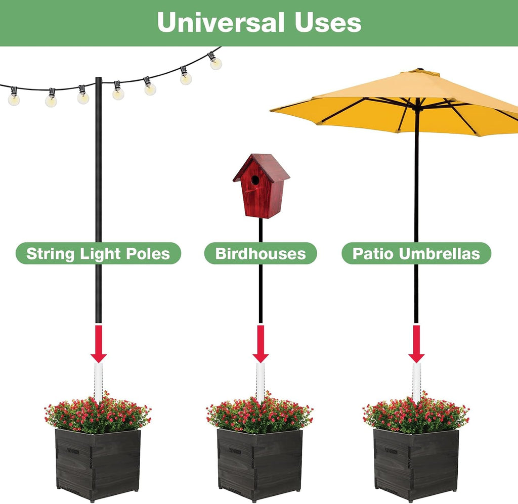 Extra Large Decorative Wooden Planter w/ Universal Pole Support for String Light Poles, Umbrellas, Bird Feeders. Solid Wood Outdoor Garden Box for Plants(Does not include Pole), 17'x17'x18', Black