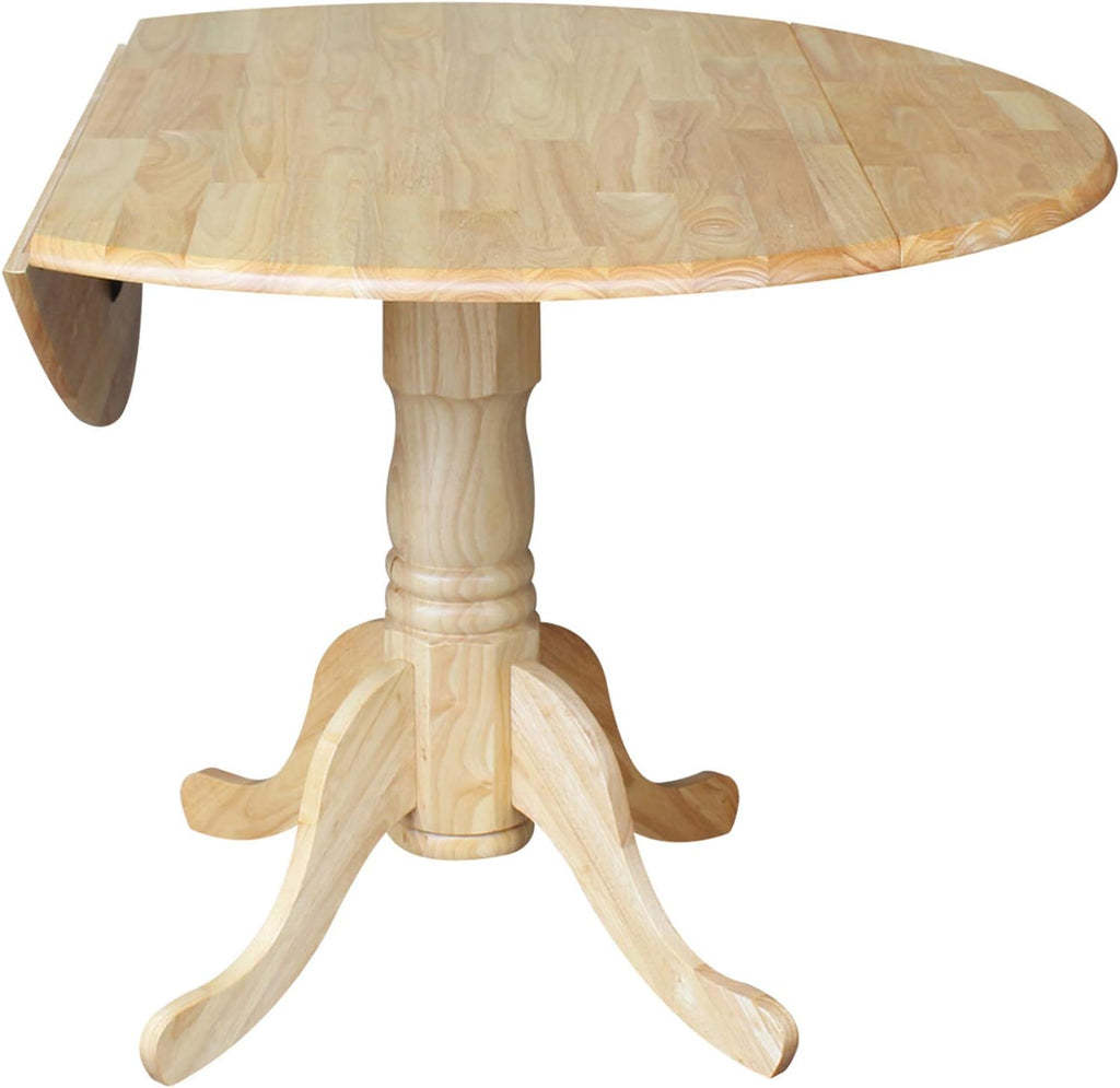 IC International Concepts, 42' Round Dual Drop Leaf Pedestal Dining Table, Solid Real Wood, Sturdy Parawood, Natural